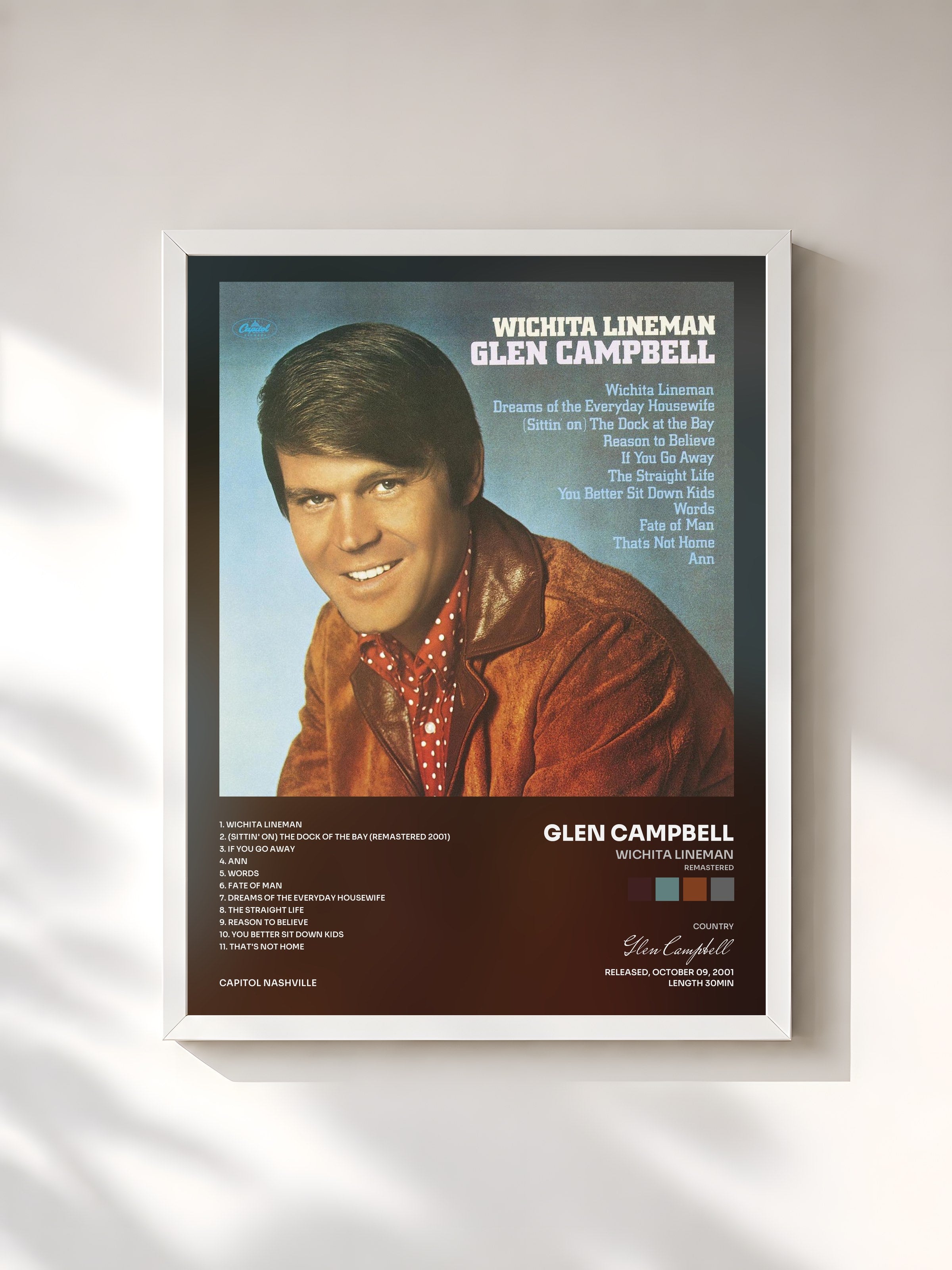 #blanc Tableau de l'album Wichita Lineman (Remastered) de Glen Campbell, cadre blanc, imprimé et encadré en France