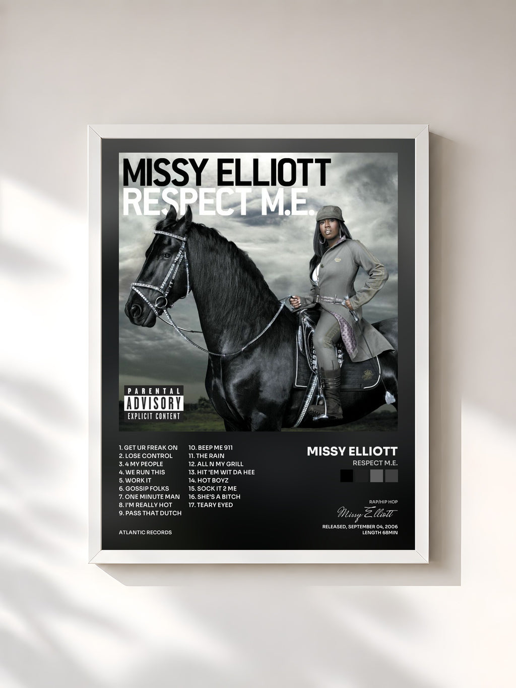#blanc Tableau de l'album Respect M.E. de Missy Elliott, cadre blanc, imprimé et encadré en France