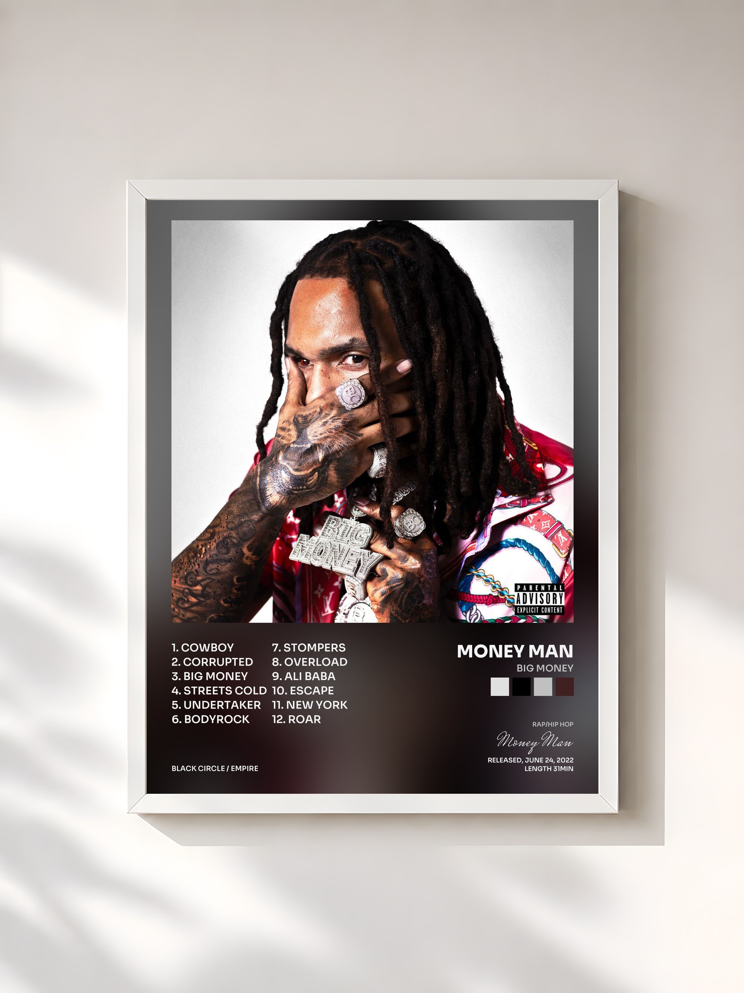 #blanc Tableau de l'album Big Money de Money Man, cadre blanc, imprimé et encadré en France