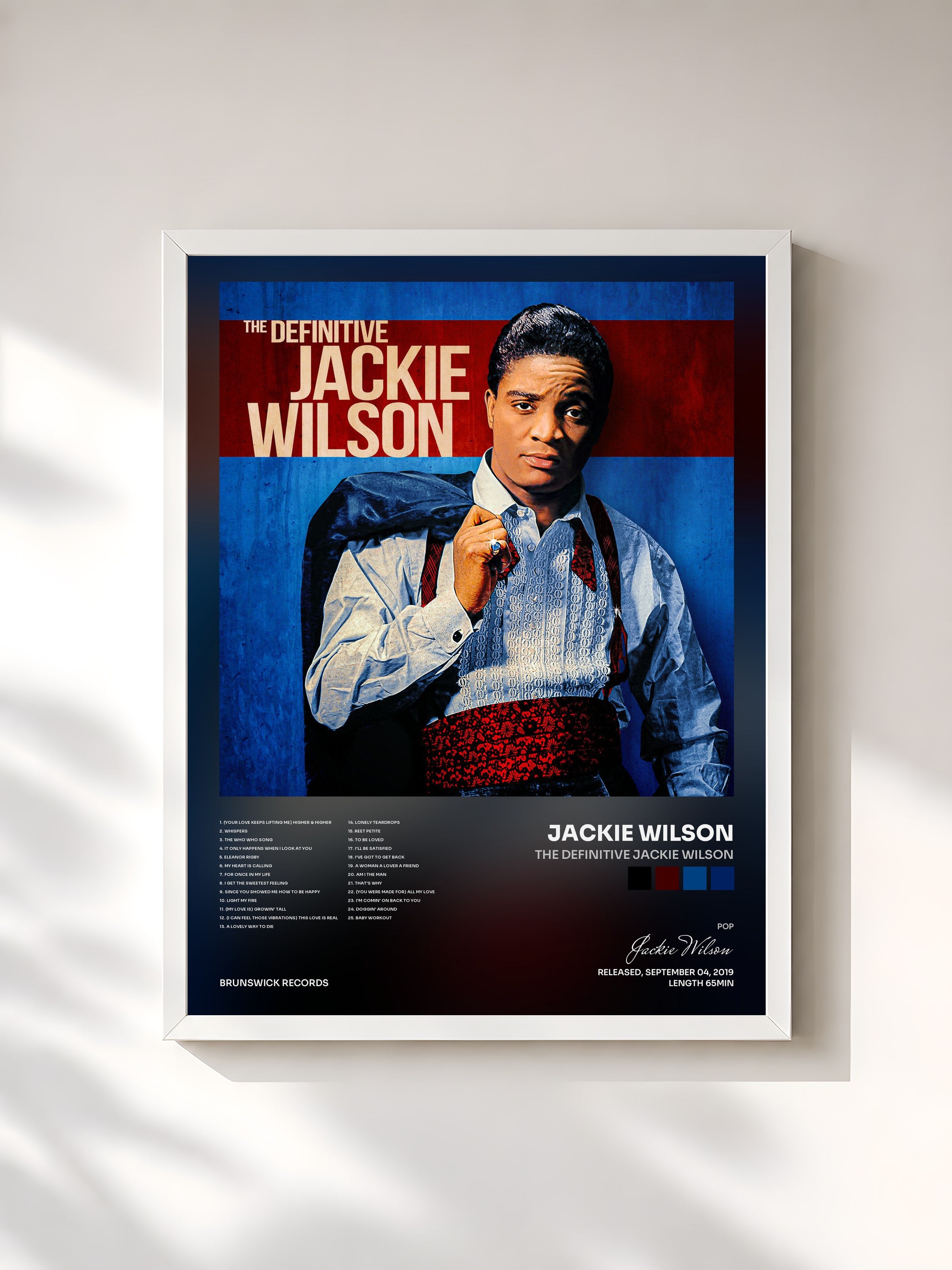 #blanc Tableau de l'album The Definitive Jackie Wilson de Jackie Wilson, cadre blanc, imprimé et encadré en France
