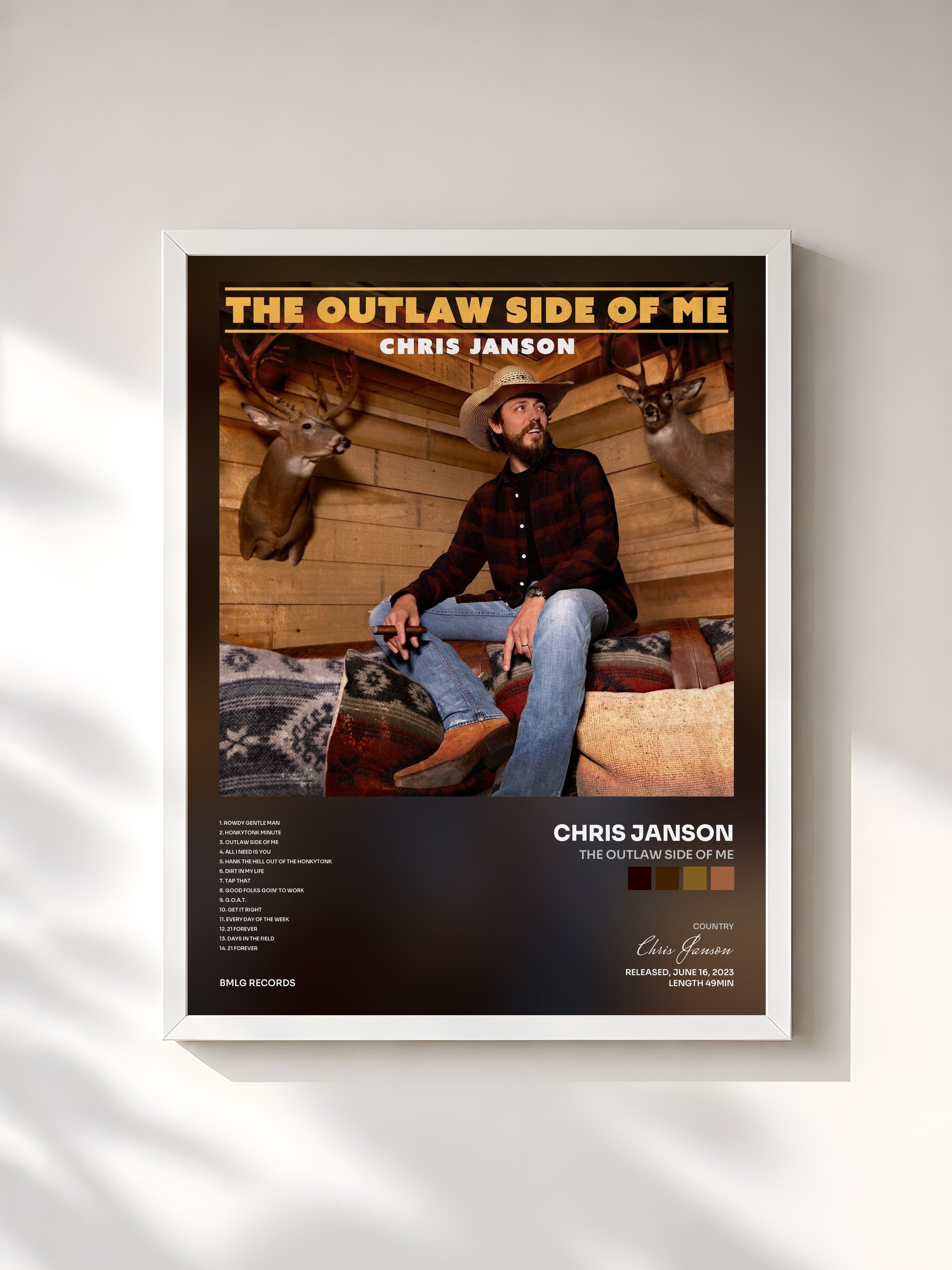 #blanc Tableau de l'album The Outlaw Side Of Me de Chris Janson, cadre blanc, imprimé et encadré en France