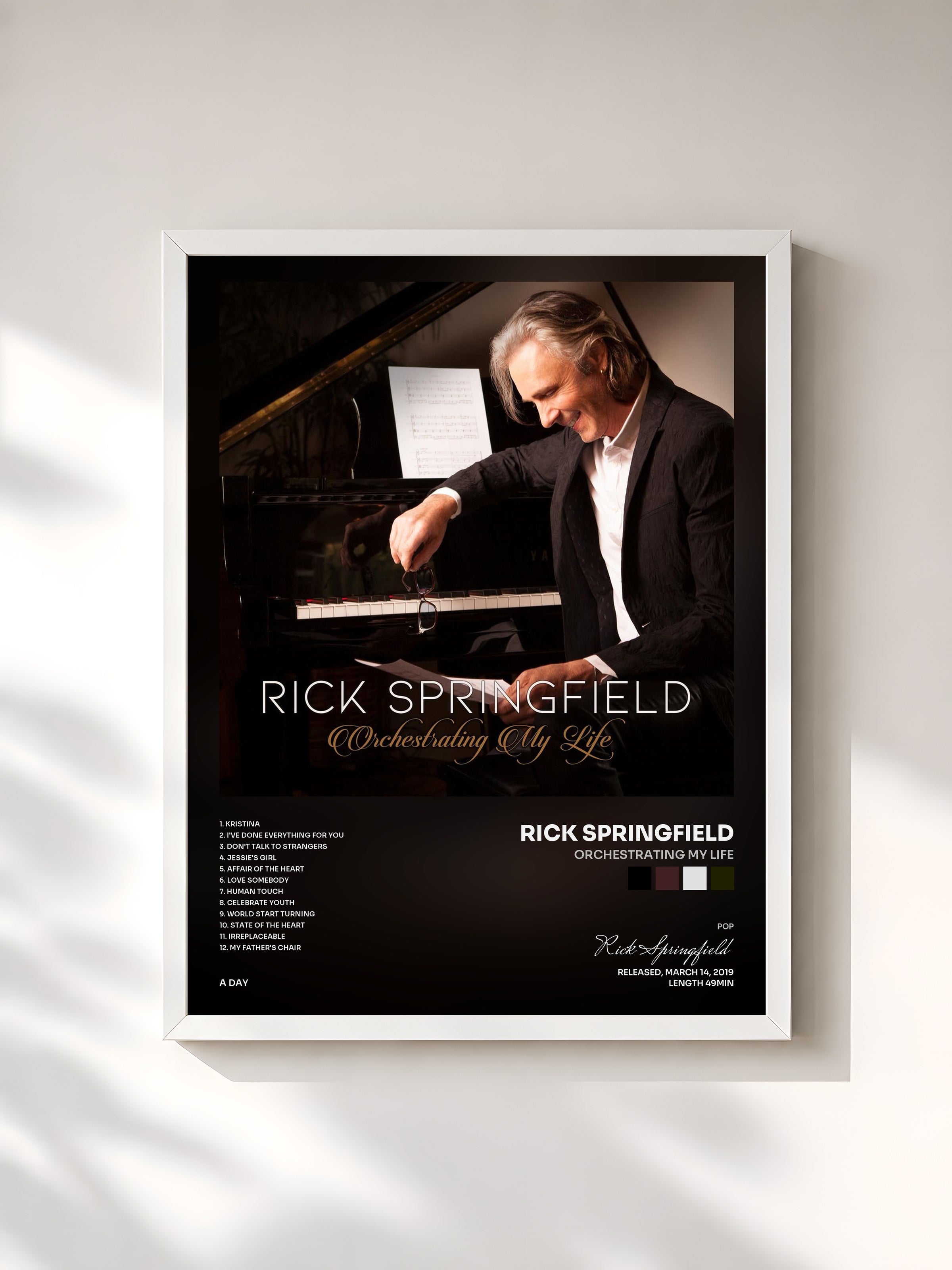 #blanc Tableau de l'album Orchestrating My Life de Rick Springfield, cadre blanc, imprimé et encadré en France