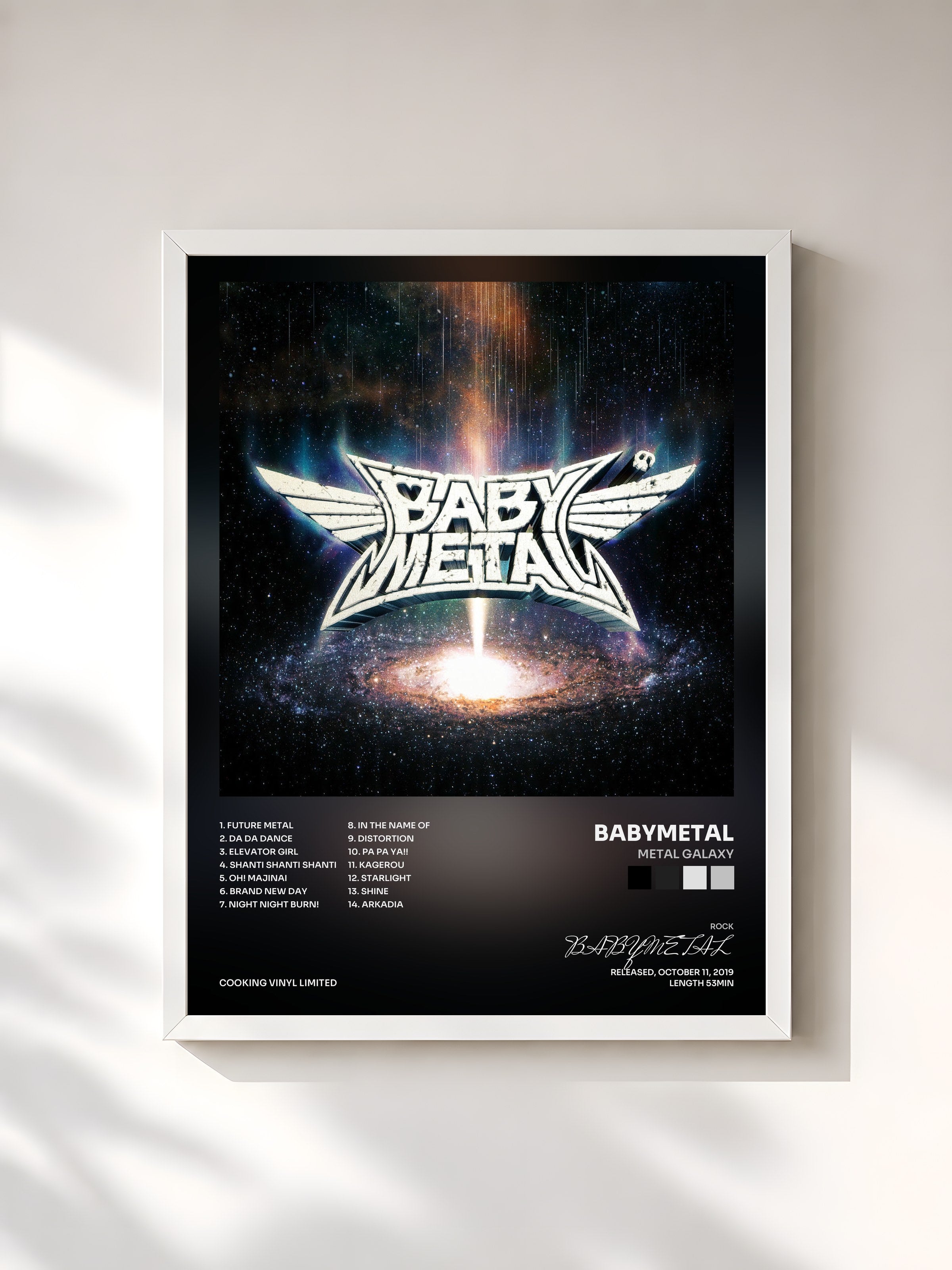 #blanc Tableau de l'album METAL GALAXY de BABYMETAL, cadre blanc, imprimé et encadré en France