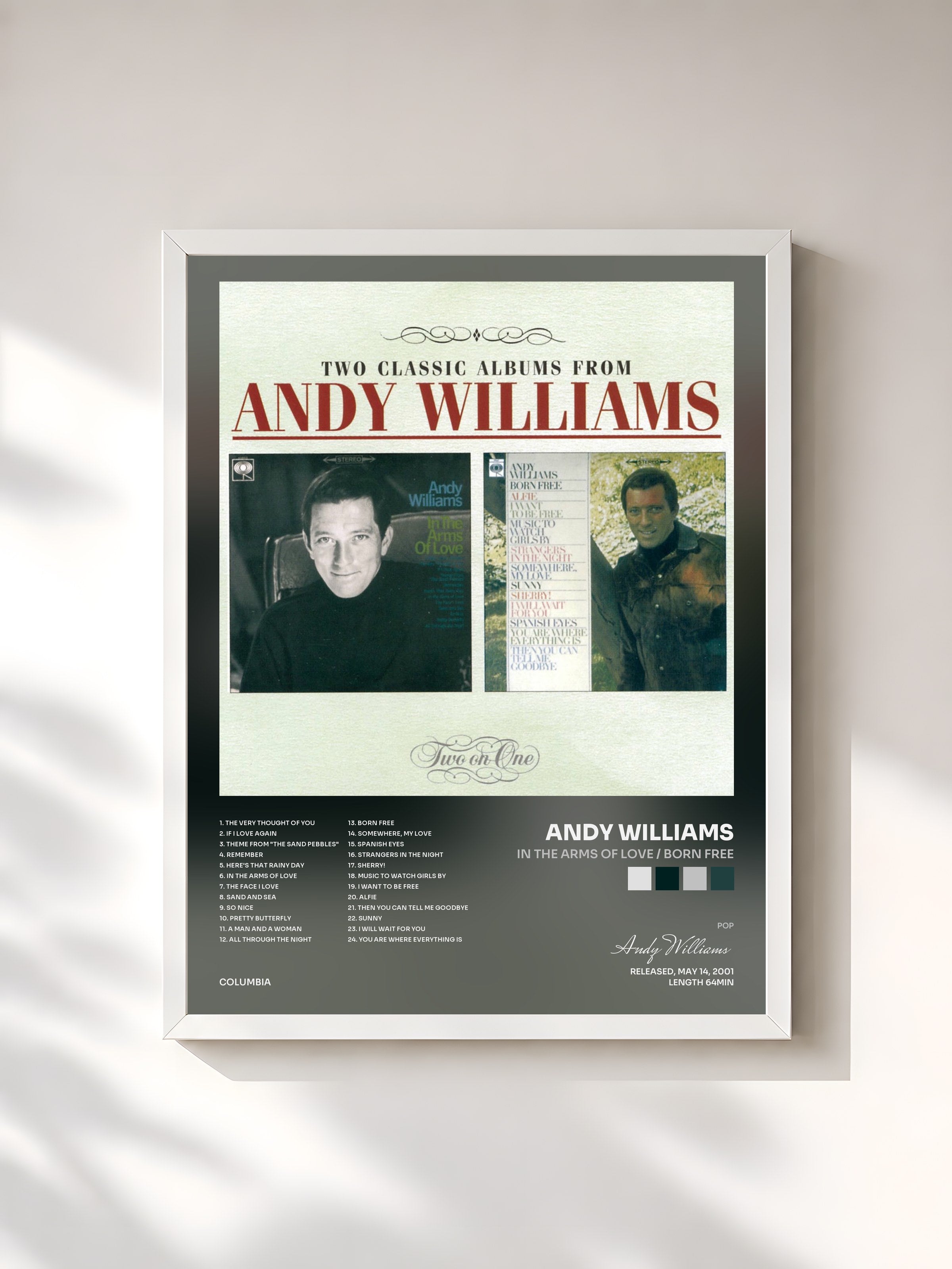 #blanc Tableau de l'album In The Arms Of Love / Born Free de Andy Williams, cadre blanc, imprimé et encadré en France