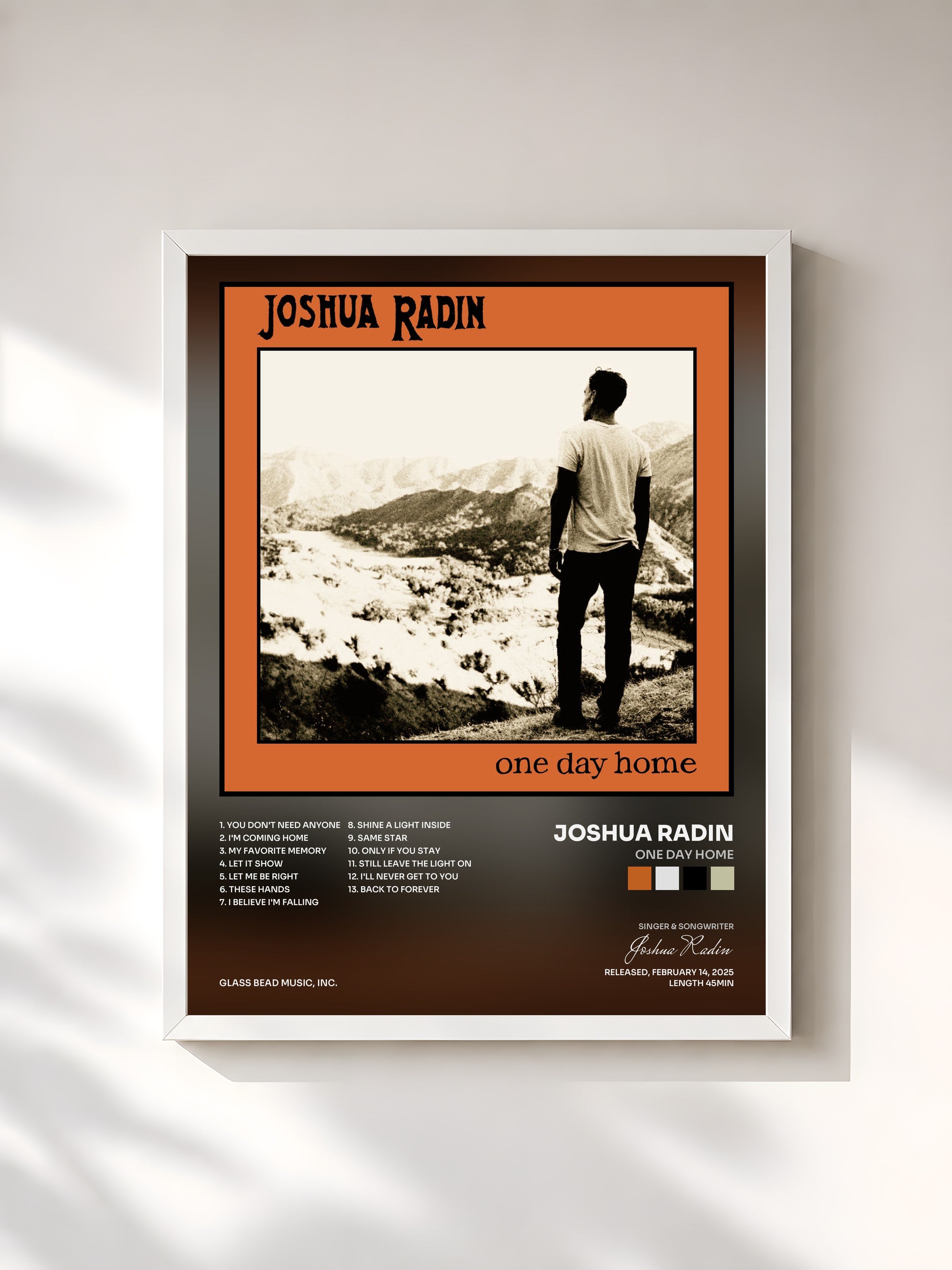 #blanc Tableau de l'album ONE DAY HOME de Joshua Radin, cadre blanc, imprimé et encadré en France