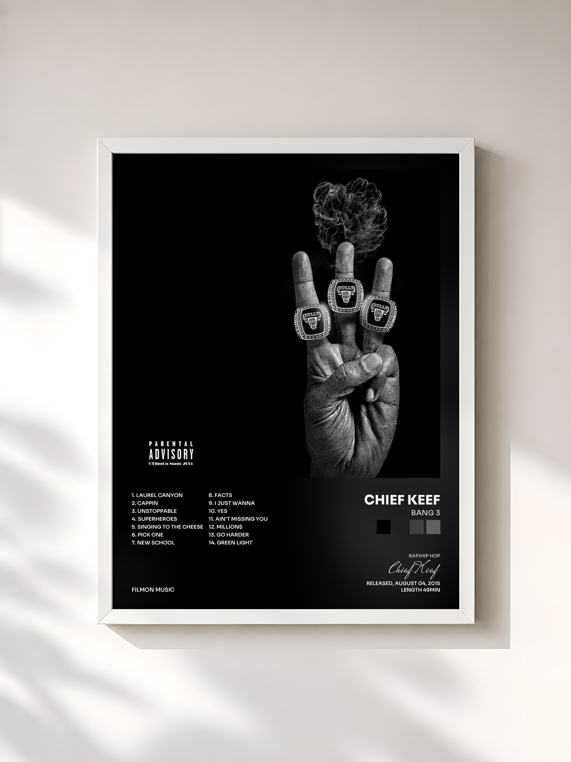 #blanc Tableau de l'album Bang 3 de Chief Keef, cadre blanc, imprimé et encadré en France