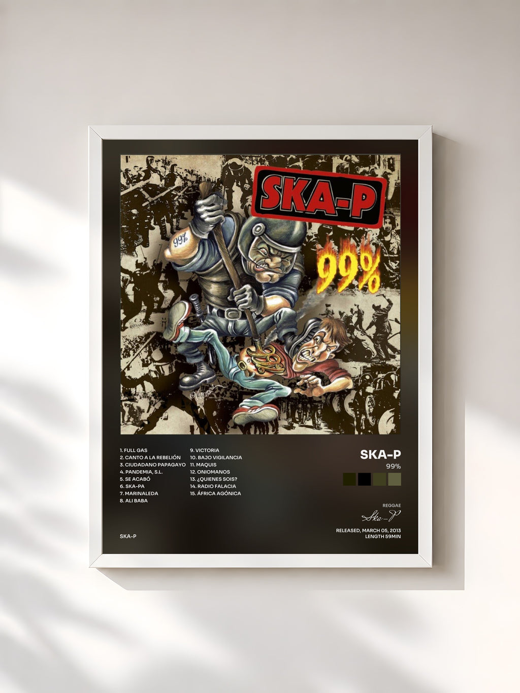 #blanc Tableau de l'album 99% de Ska-P, cadre blanc, imprimé et encadré en France