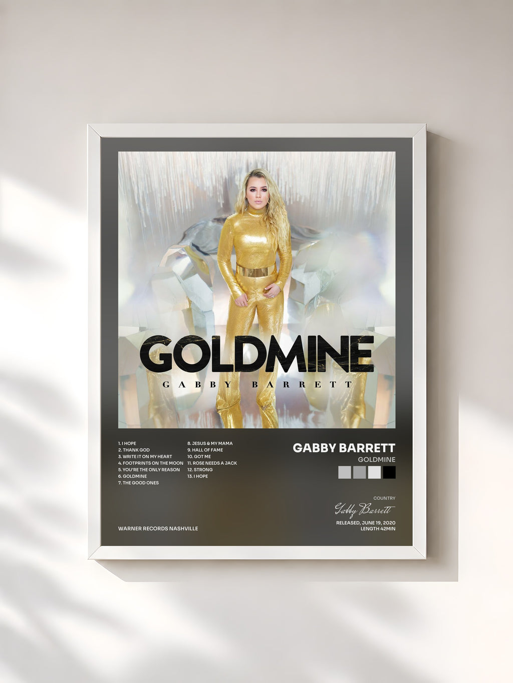 #blanc Tableau de l'album Goldmine de Gabby Barrett, cadre blanc, imprimé et encadré en France