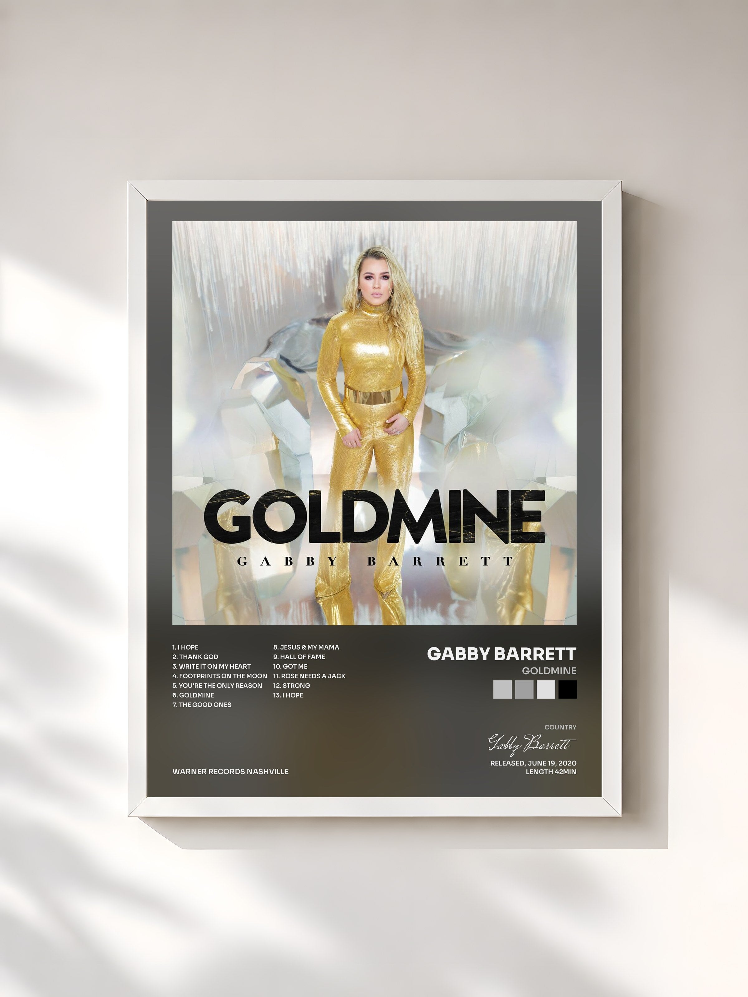 #blanc Tableau de l'album Goldmine de Gabby Barrett, cadre blanc, imprimé et encadré en France
