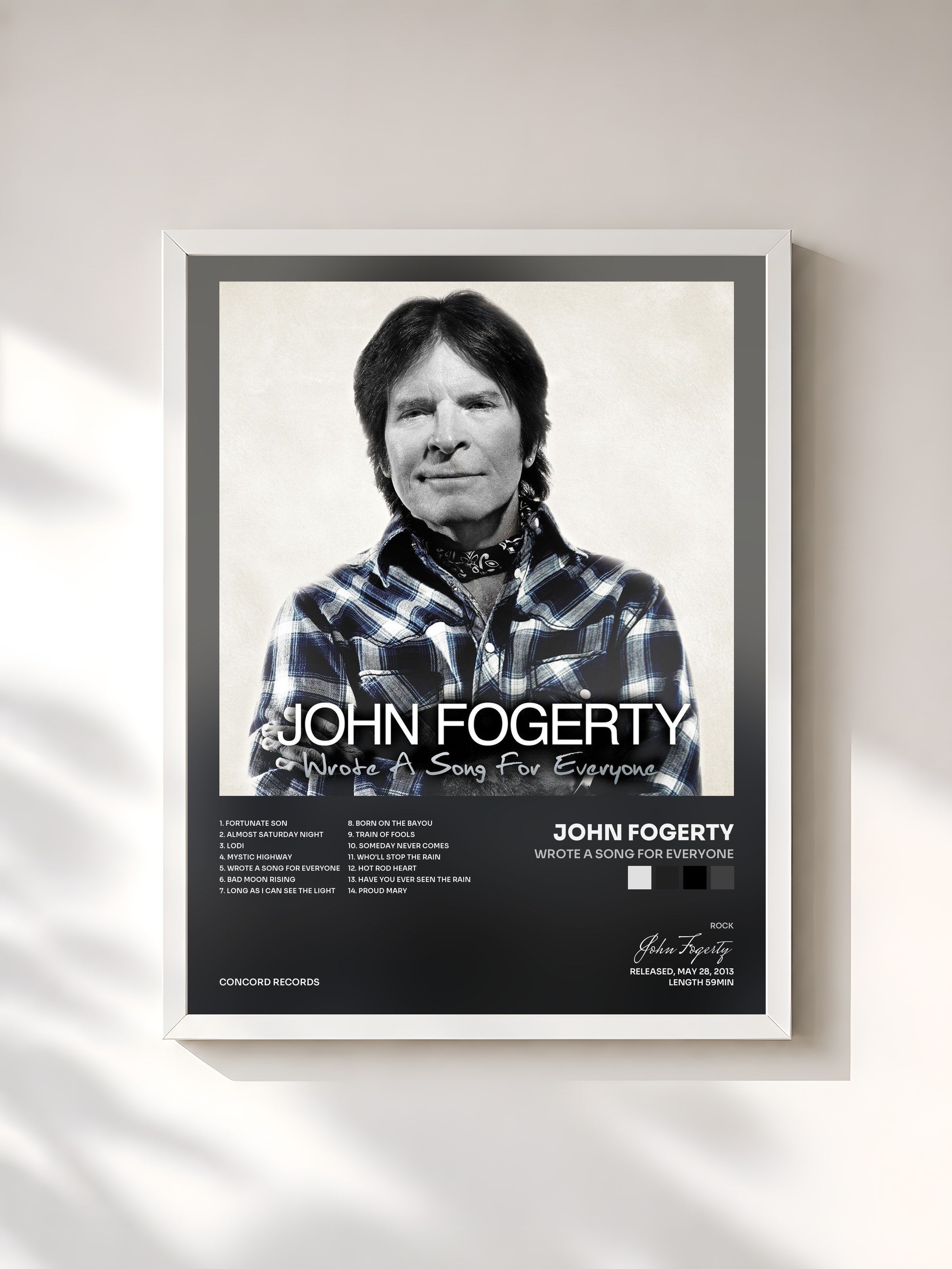 #blanc Tableau de l'album Wrote A Song For Everyone de John Fogerty, cadre blanc, imprimé et encadré en France