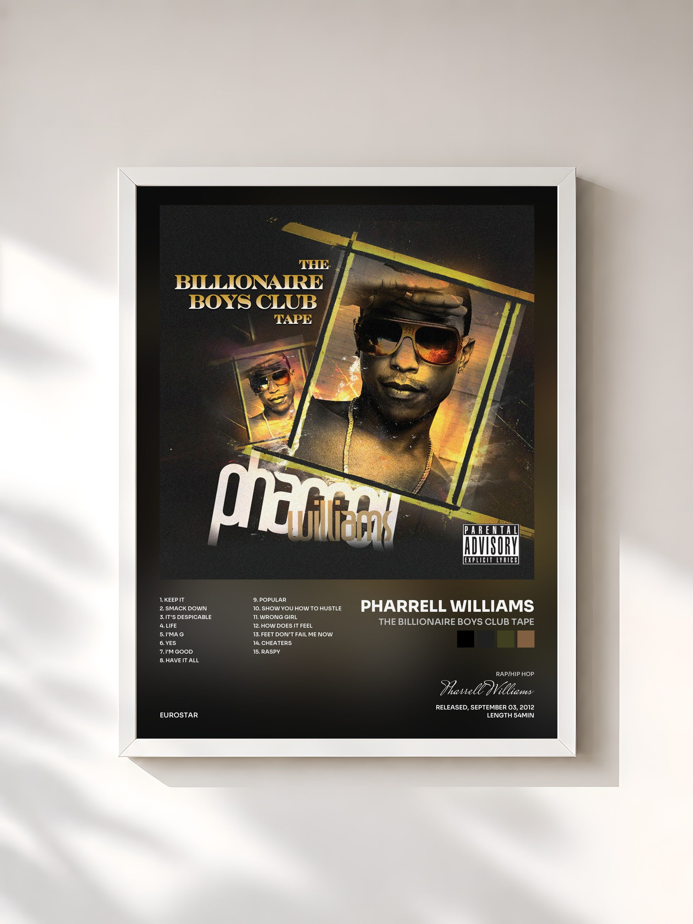 #blanc Tableau de l'album The Billionaire Boys Club Tape de Pharrell Williams, cadre blanc, imprimé et encadré en France