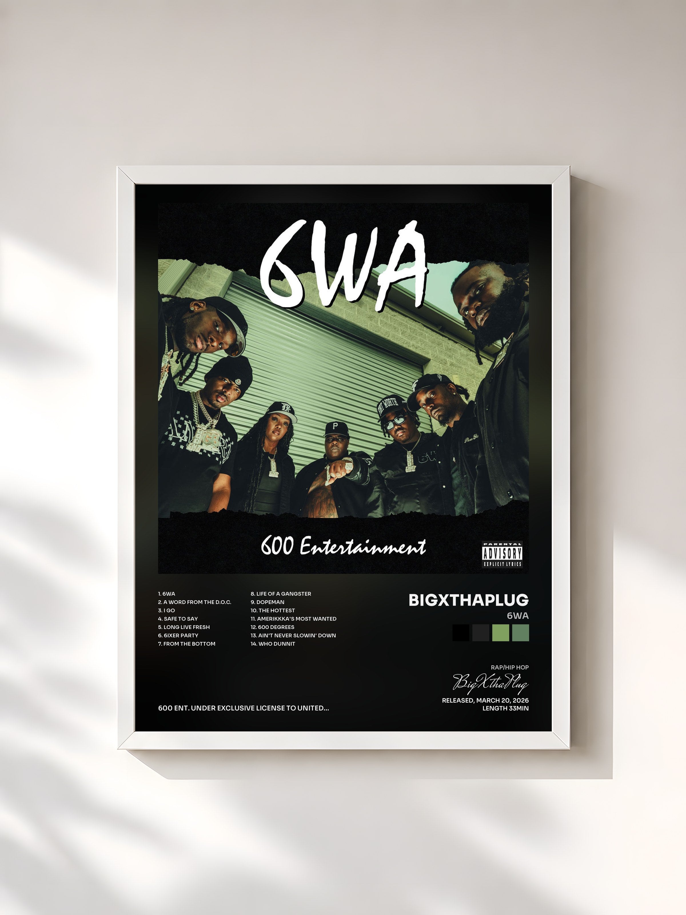 #blanc Tableau de l'album 6WA de BigXthaPlug, cadre blanc, imprimé et encadré en France