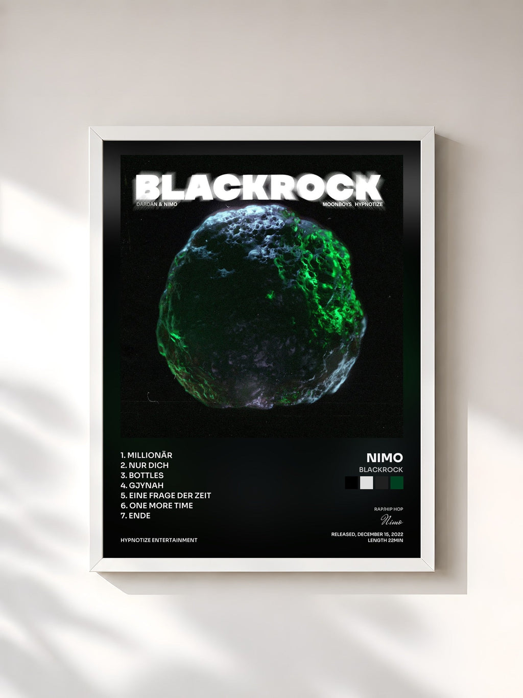#blanc BLACKROCK de Nimo en lámina enmarcada, marco blanco, impresa y enmarcada en Francia