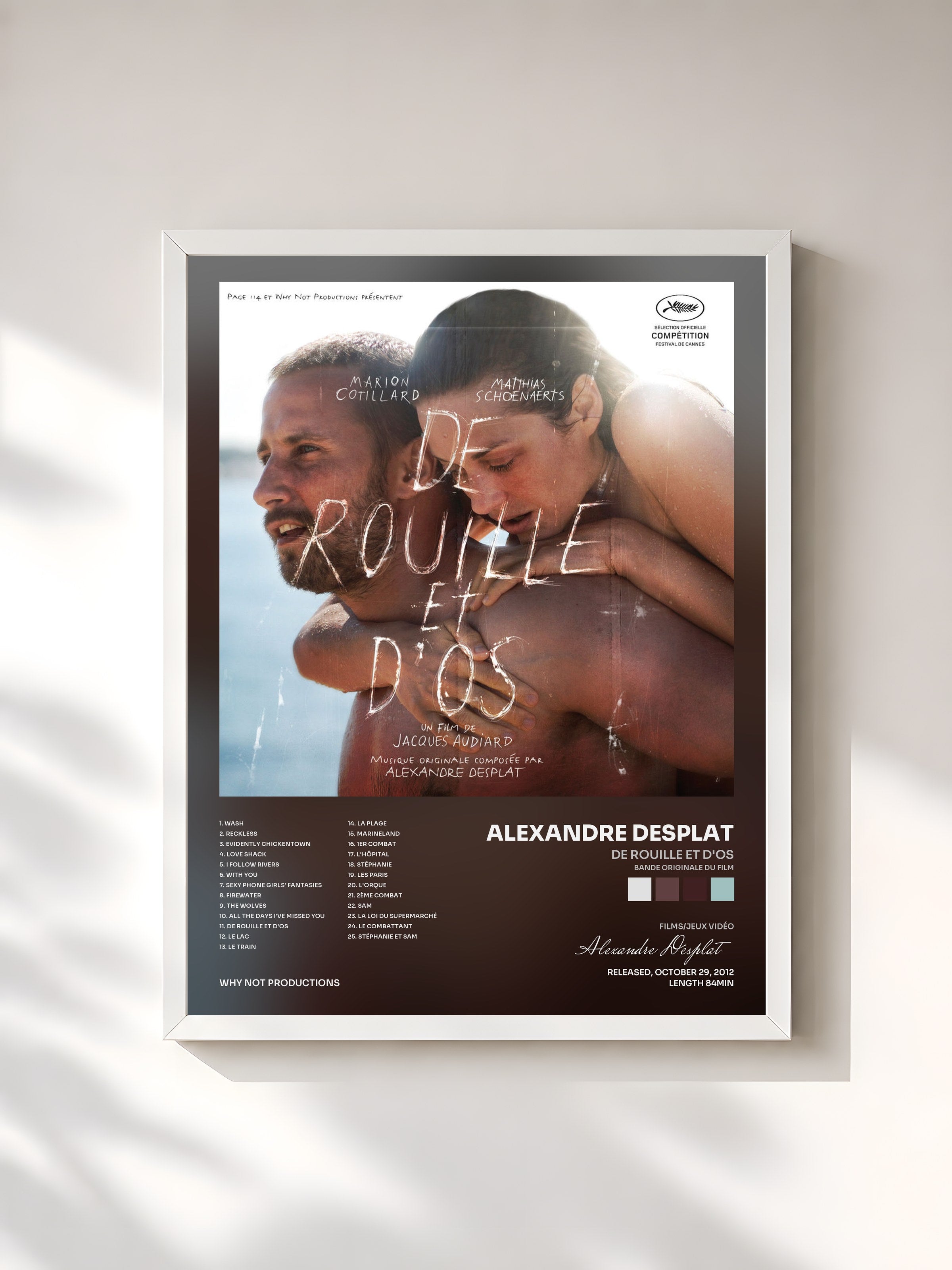 #blanc Tableau de l'album De rouille et d'os (Bande originale du film) de Alexandre Desplat, cadre blanc, imprimé et encadré en France
