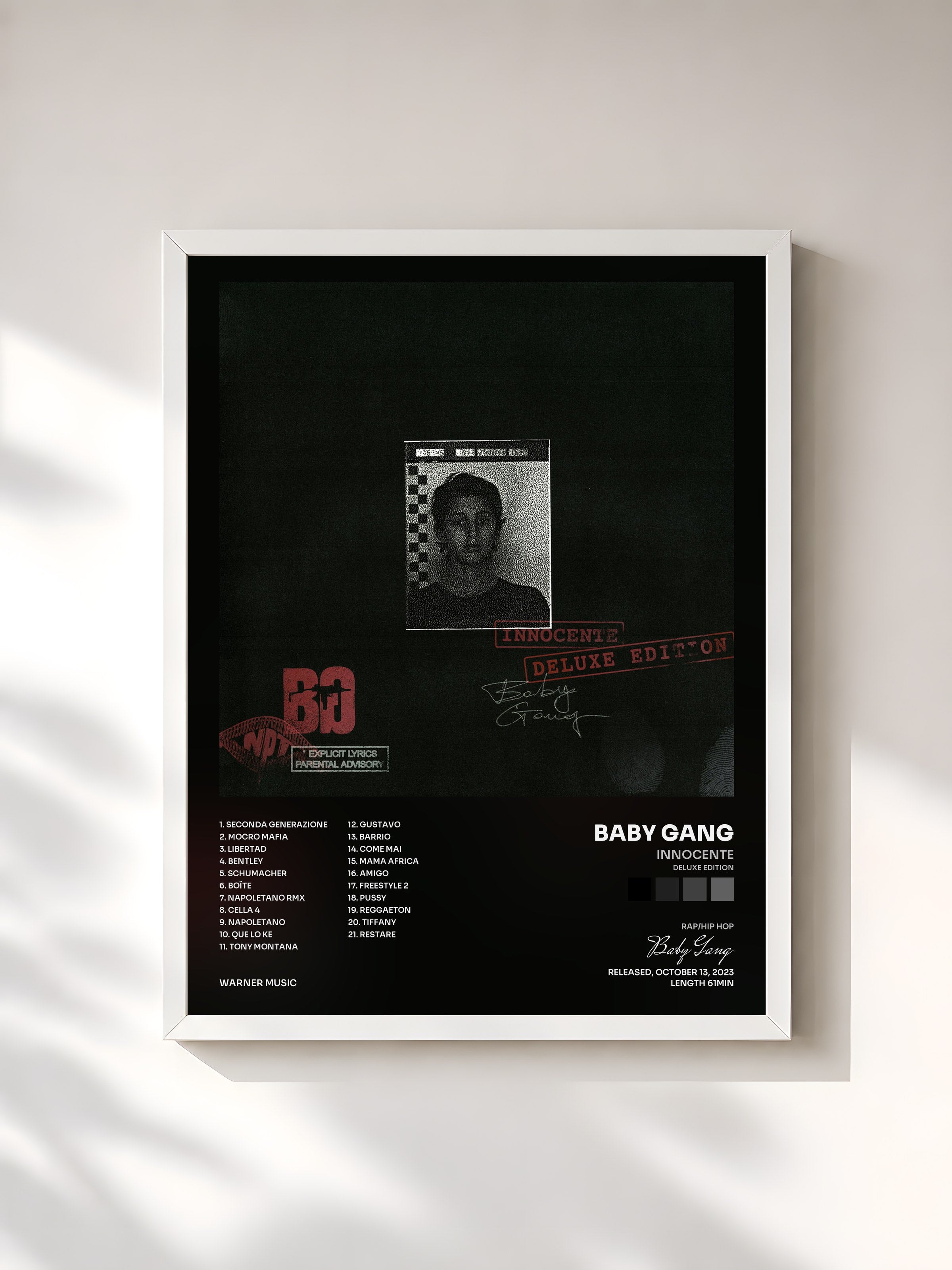 #blanc Tableau de l'album INNOCENTE (Deluxe Edition) de Baby Gang, cadre blanc, imprimé et encadré en France