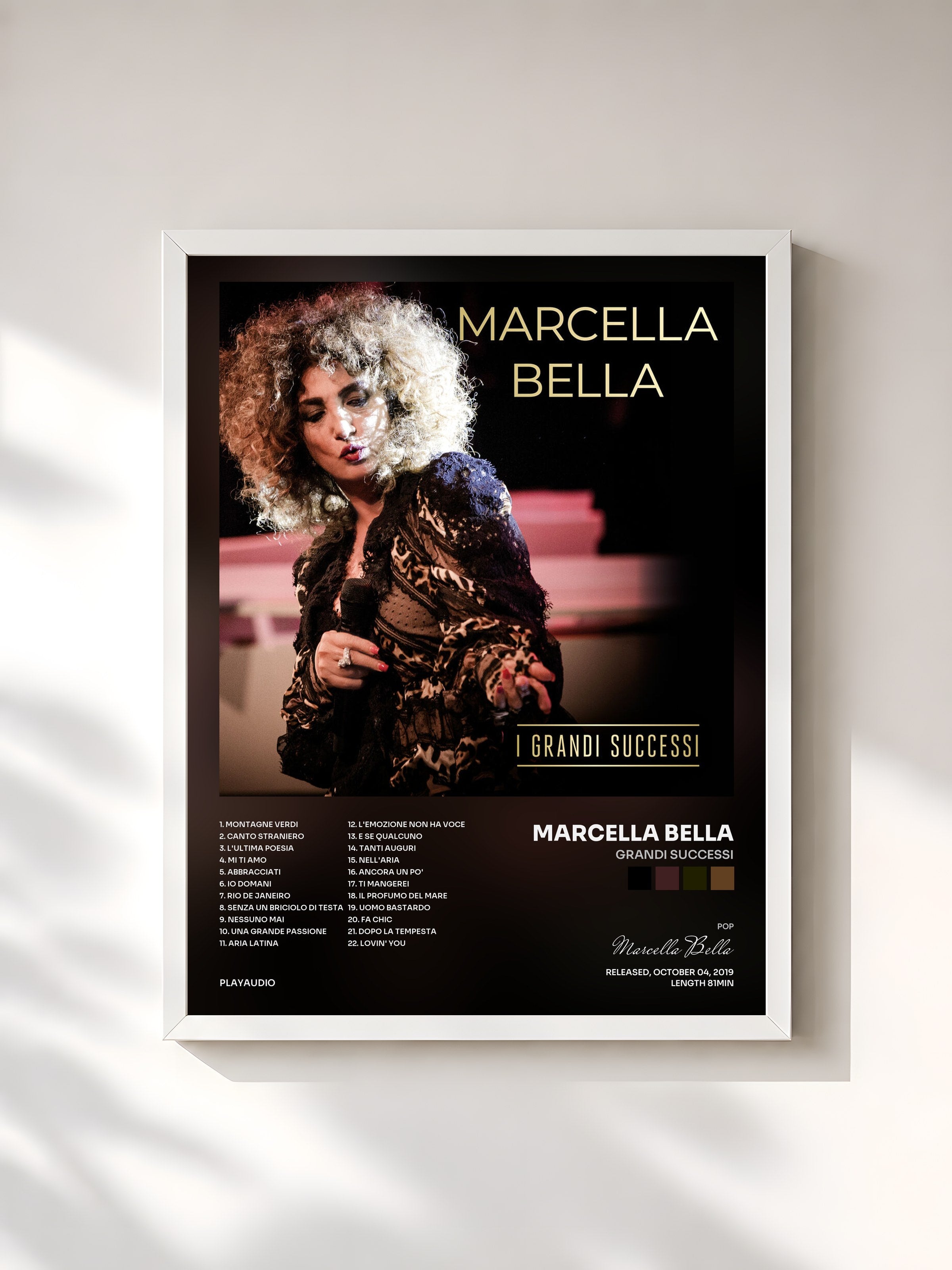 #blanc Tableau de l'album Grandi successi de Marcella Bella, cadre blanc, imprimé et encadré en France