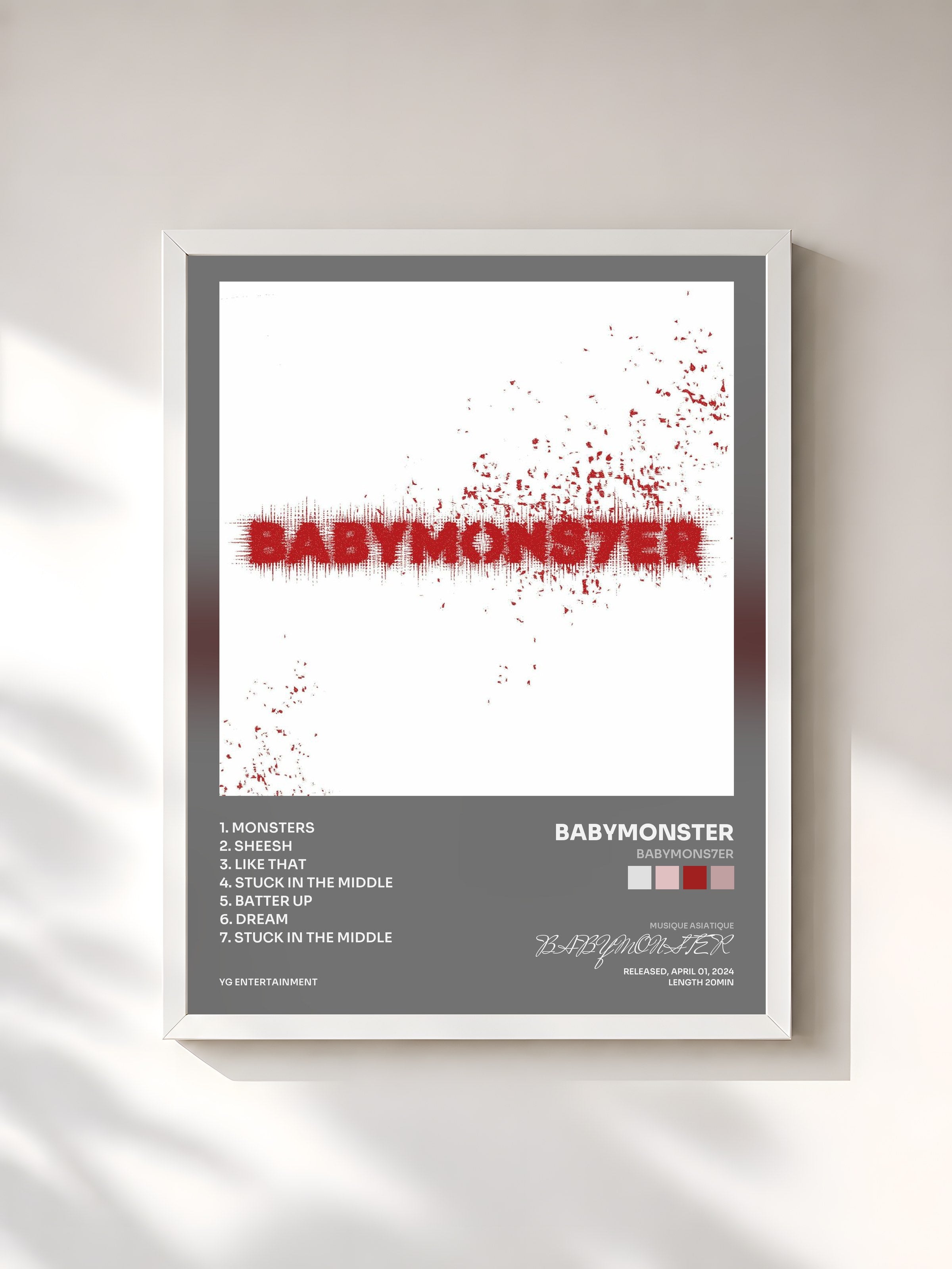 #blanc Tableau de l'album BABYMONS7ER de BABYMONSTER, cadre blanc, imprimé et encadré en France