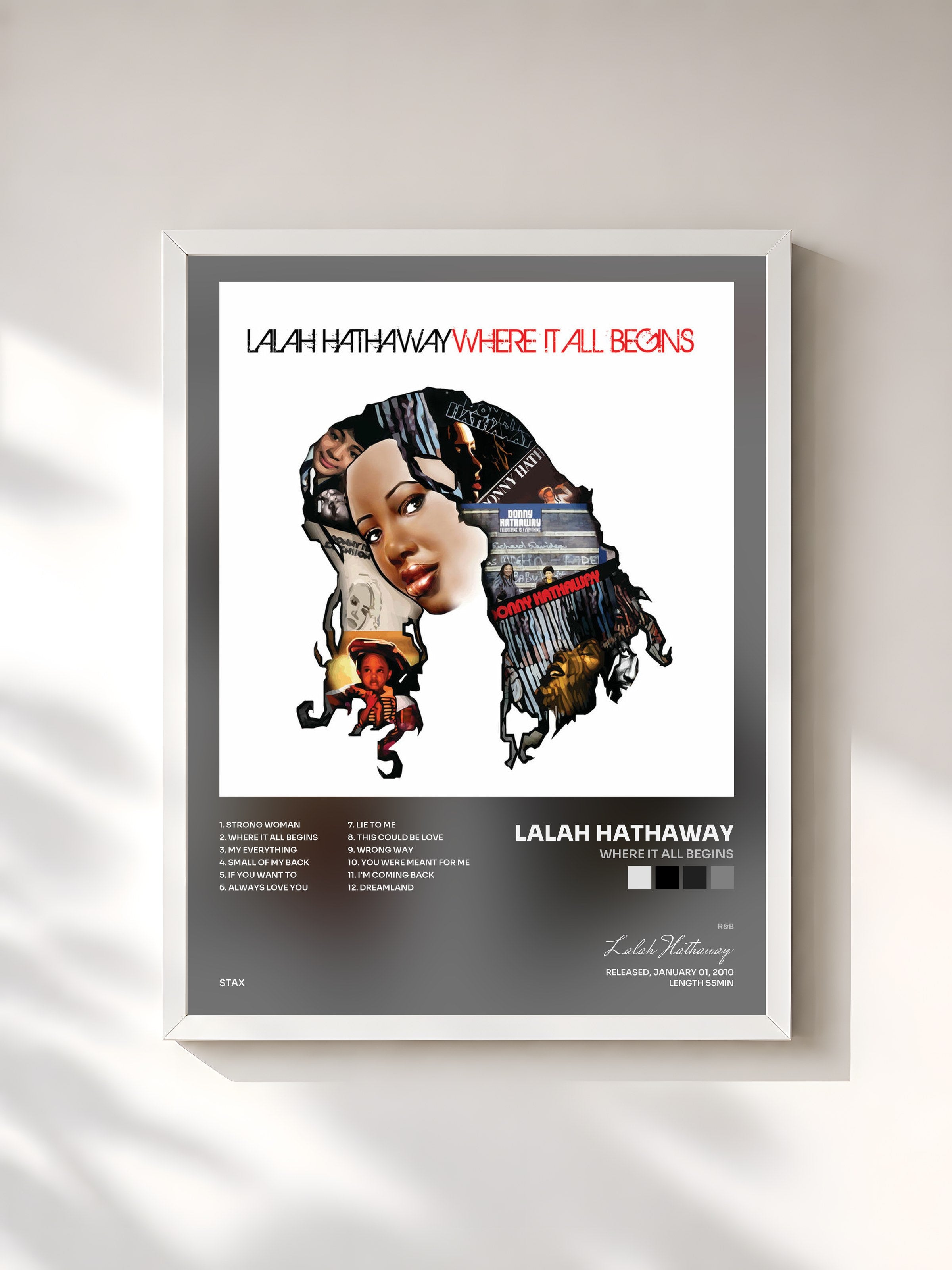 #blanc Tableau de l'album Where It All Begins de Lalah Hathaway, cadre blanc, imprimé et encadré en France