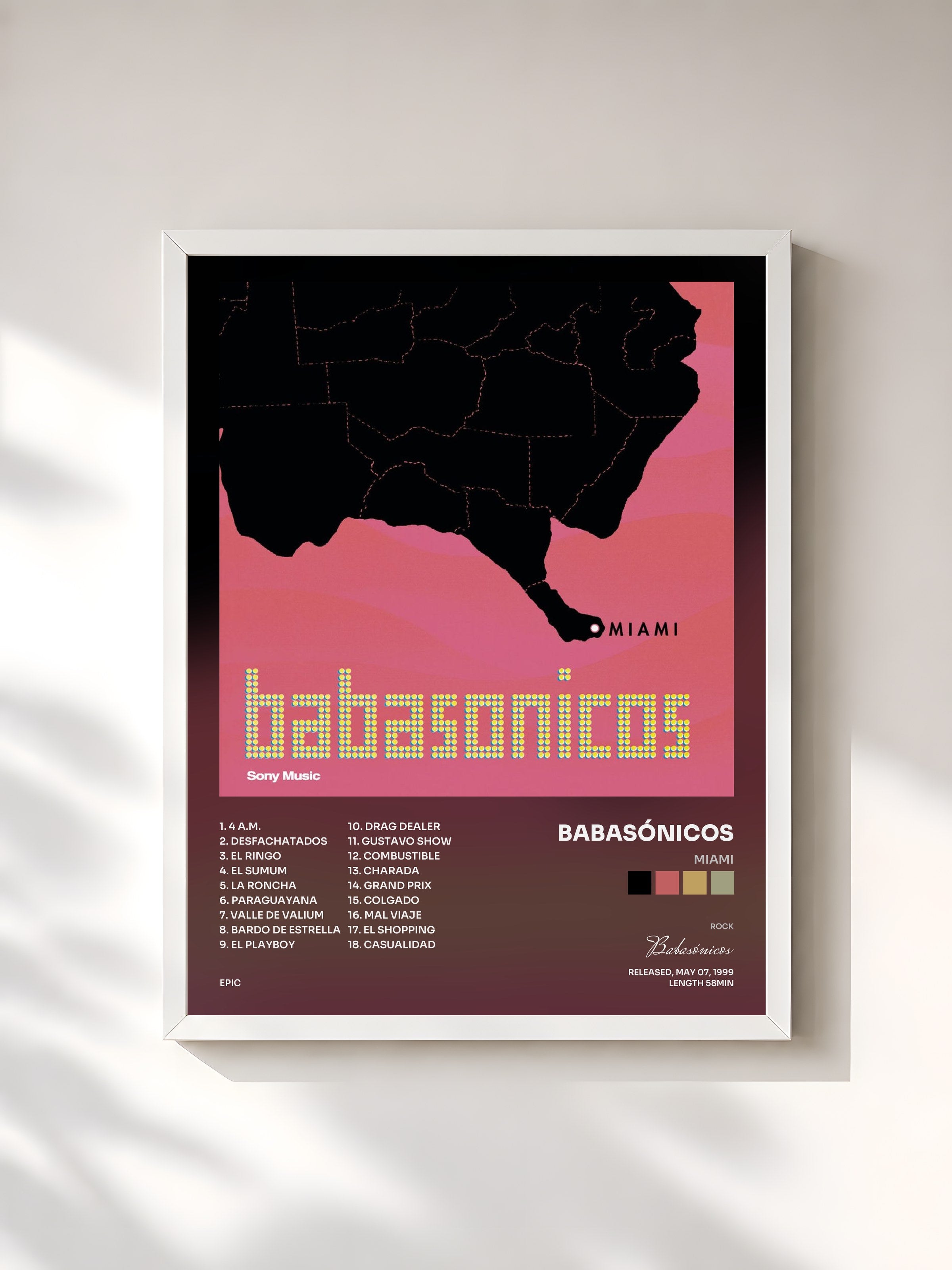 #blanc Tableau de l'album Miami de Babasónicos, cadre blanc, imprimé et encadré en France