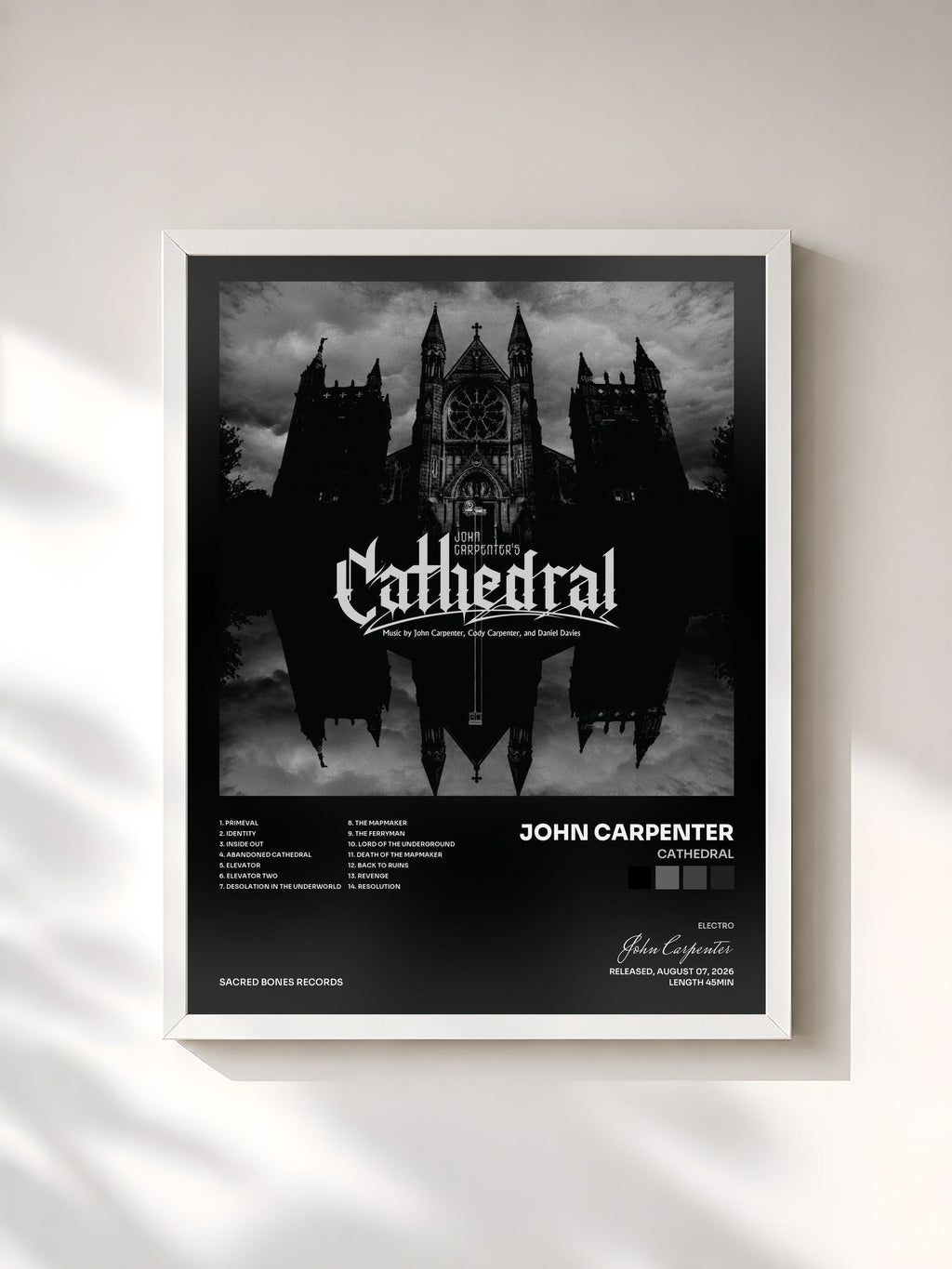 #blanc Tableau de l'album Cathedral de John Carpenter, cadre blanc, imprimé et encadré en France