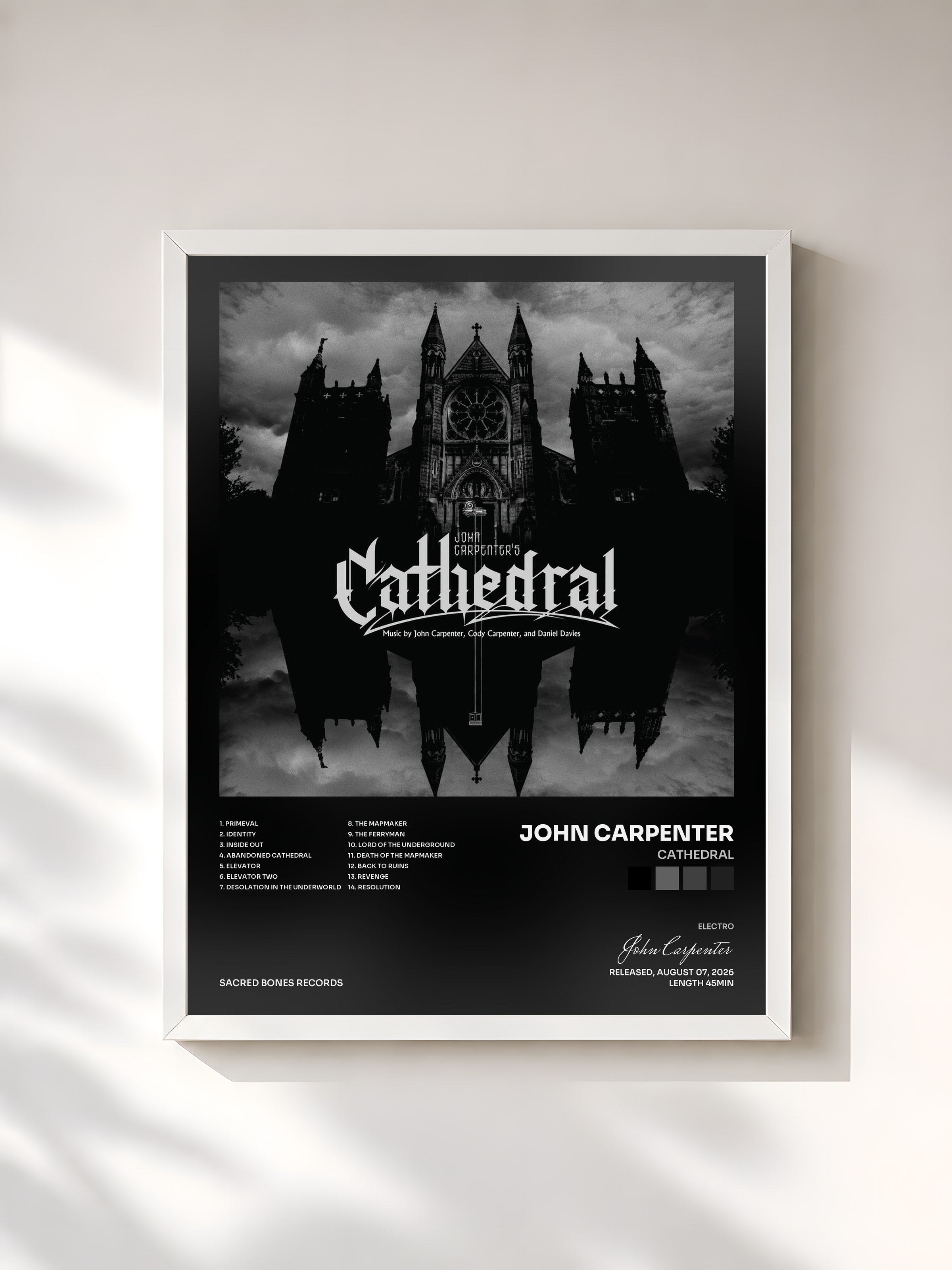 #blanc Tableau de l'album Cathedral de John Carpenter, cadre blanc, imprimé et encadré en France