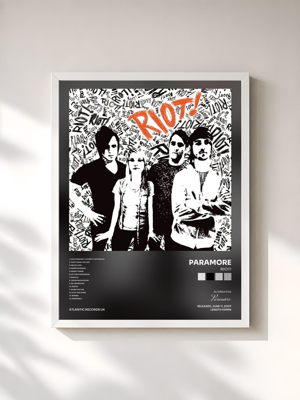 #blanc Tableau de l'album Riot! de Paramore, cadre blanc, imprimé et encadré en France