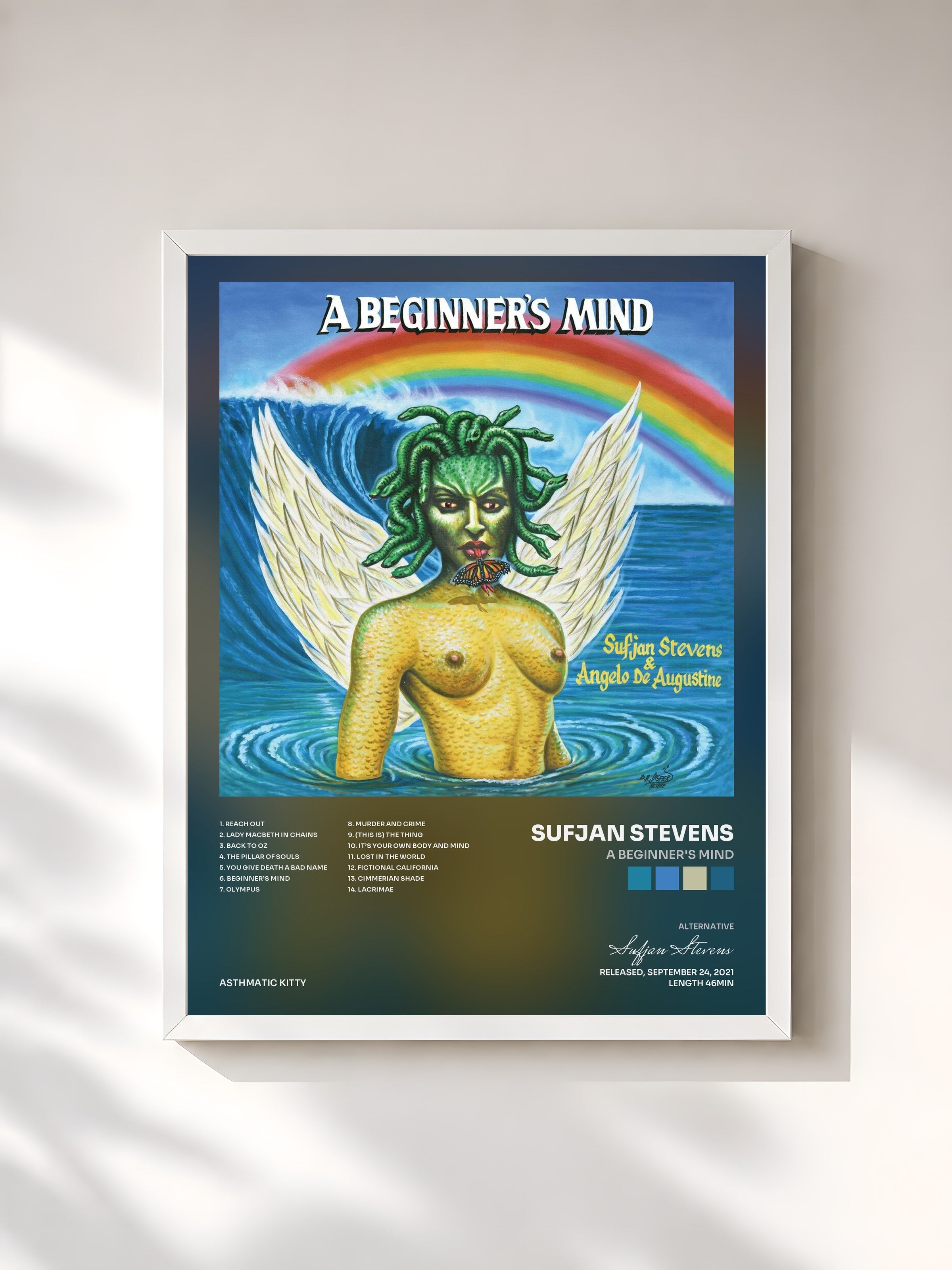 #blanc Tableau de l'album A Beginner's Mind de Sufjan Stevens, cadre blanc, imprimé et encadré en France