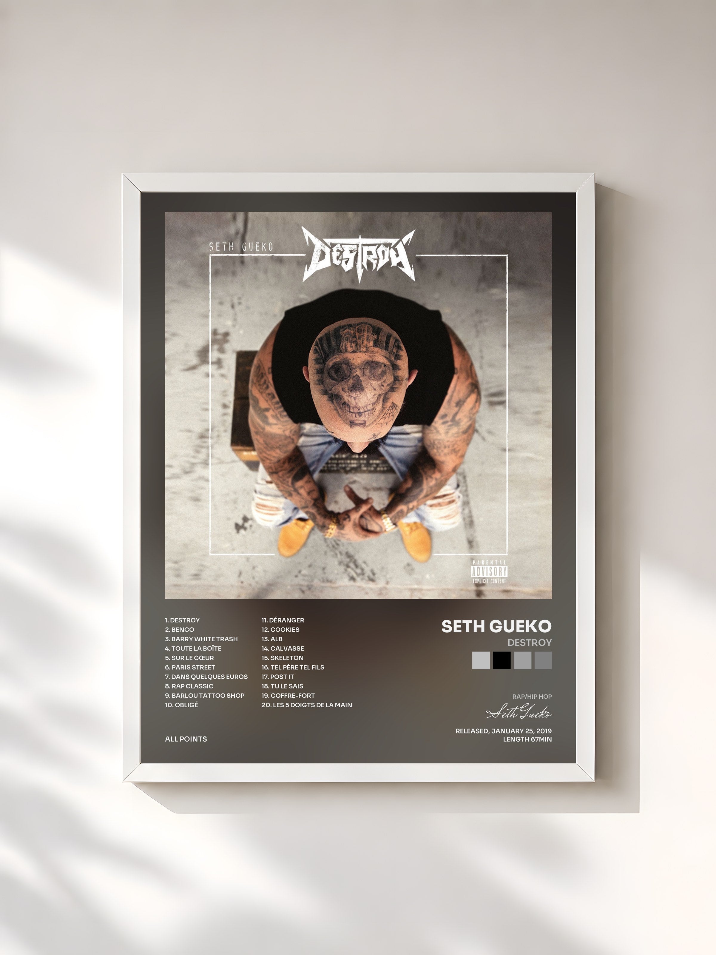 #blanc Tableau de l'album Destroy de Seth Gueko, cadre blanc, imprimé et encadré en France