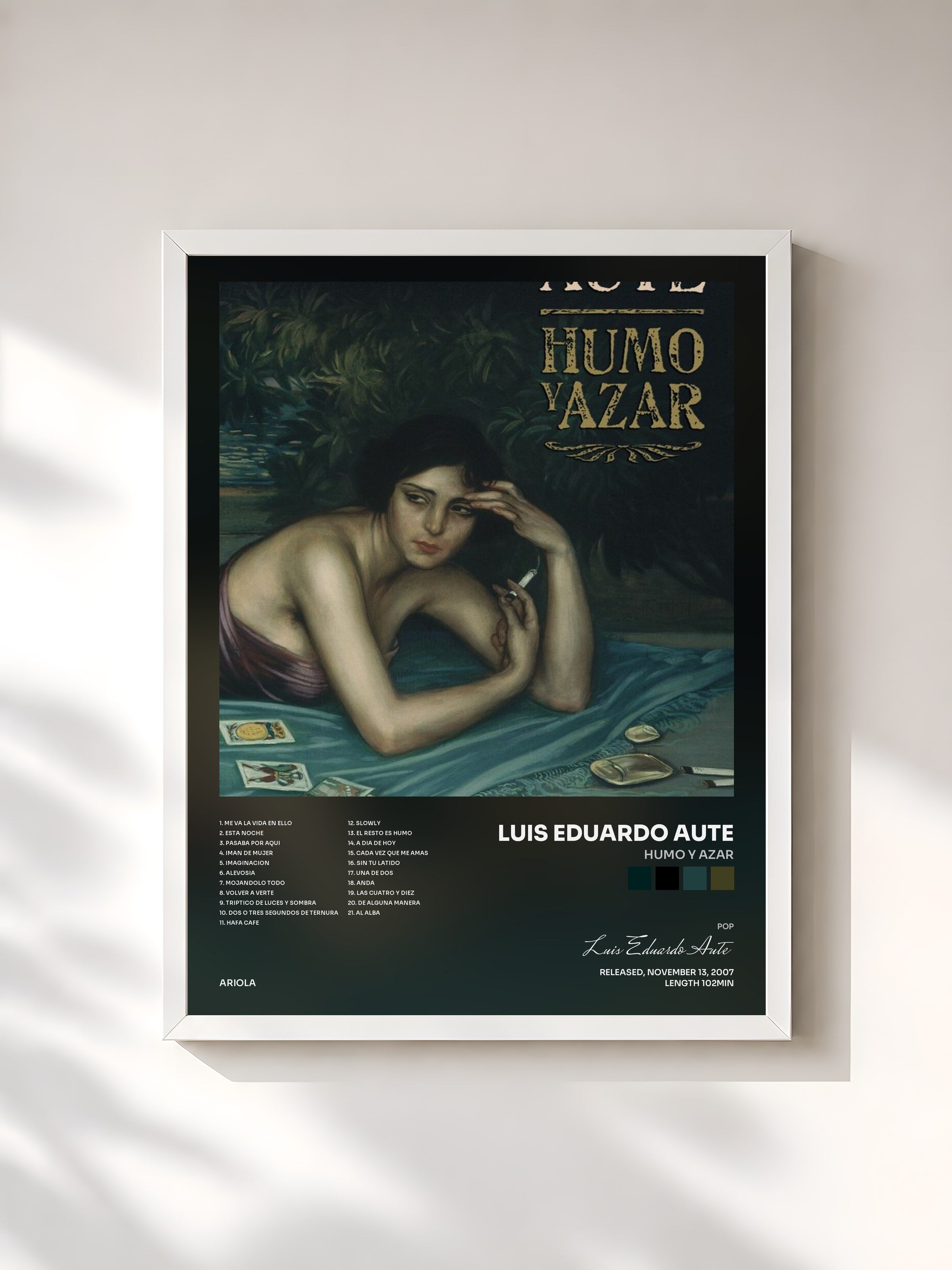 #blanc Tableau de l'album Humo Y Azar de Luis Eduardo Aute, cadre blanc, imprimé et encadré en France