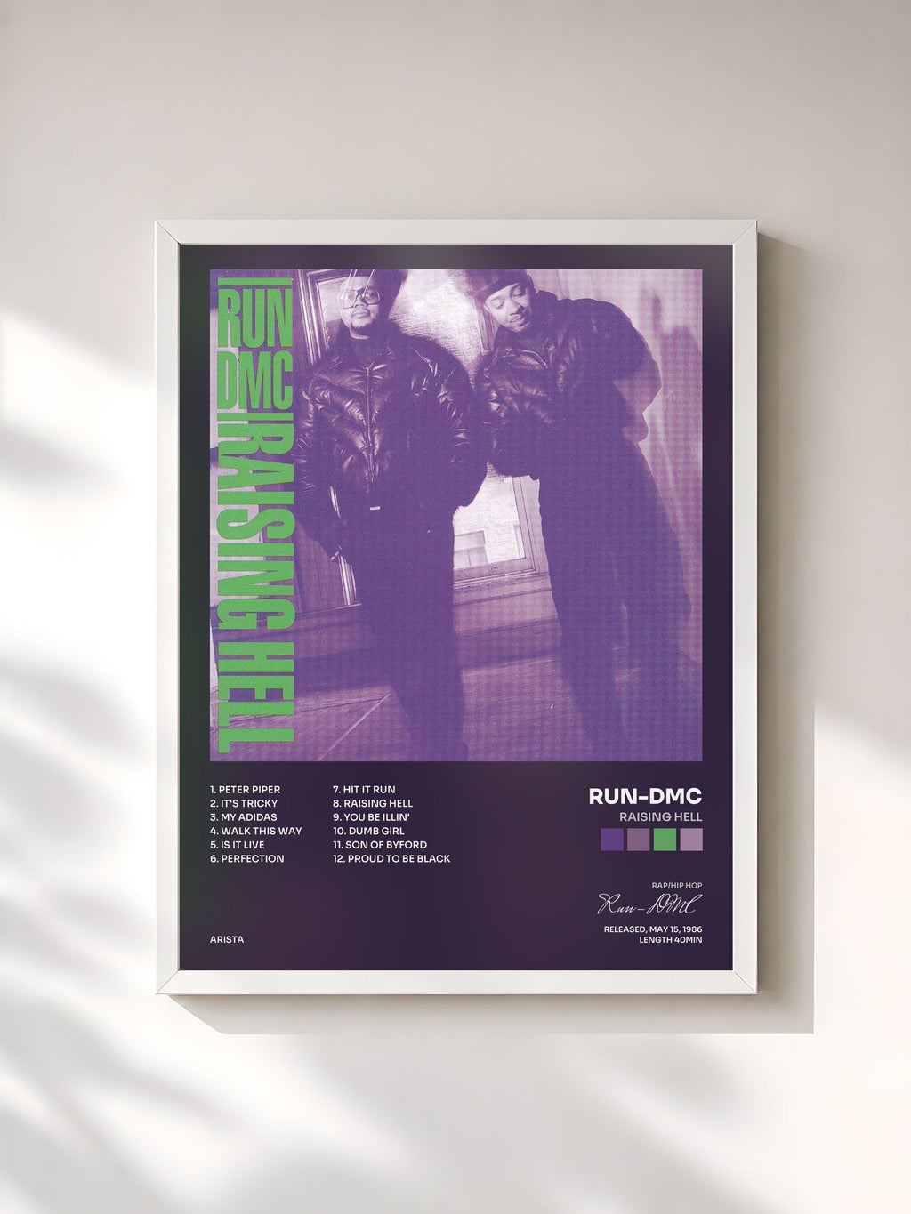 #blanc Tableau de l'album Raising Hell de Run-DMC, cadre blanc, imprimé et encadré en France