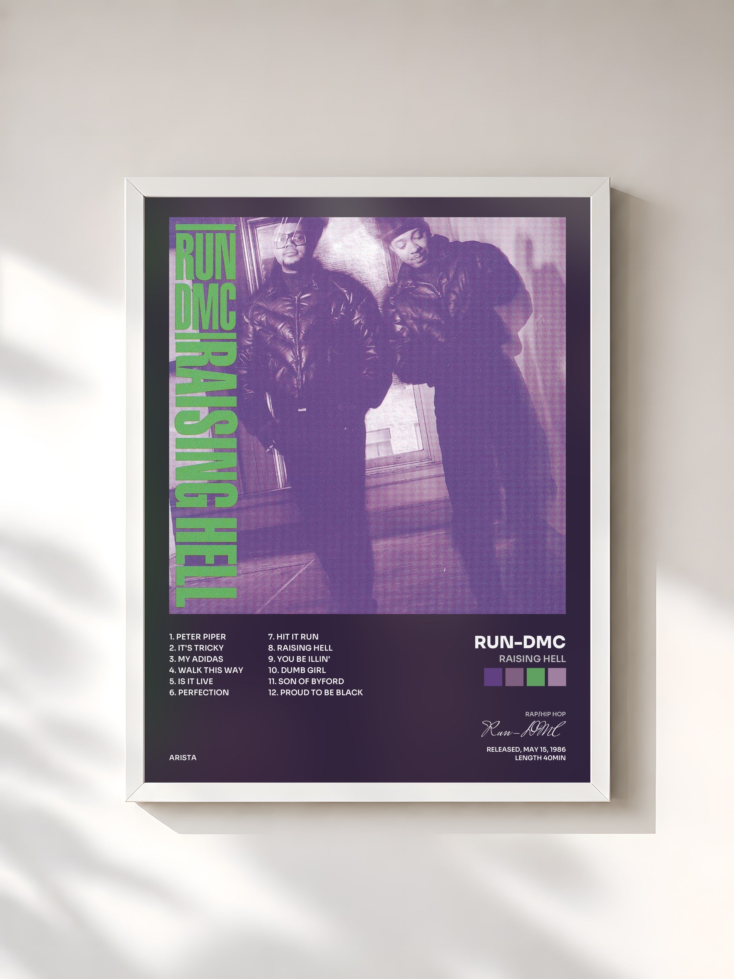 #blanc Tableau de l'album Raising Hell de Run-DMC, cadre blanc, imprimé et encadré en France