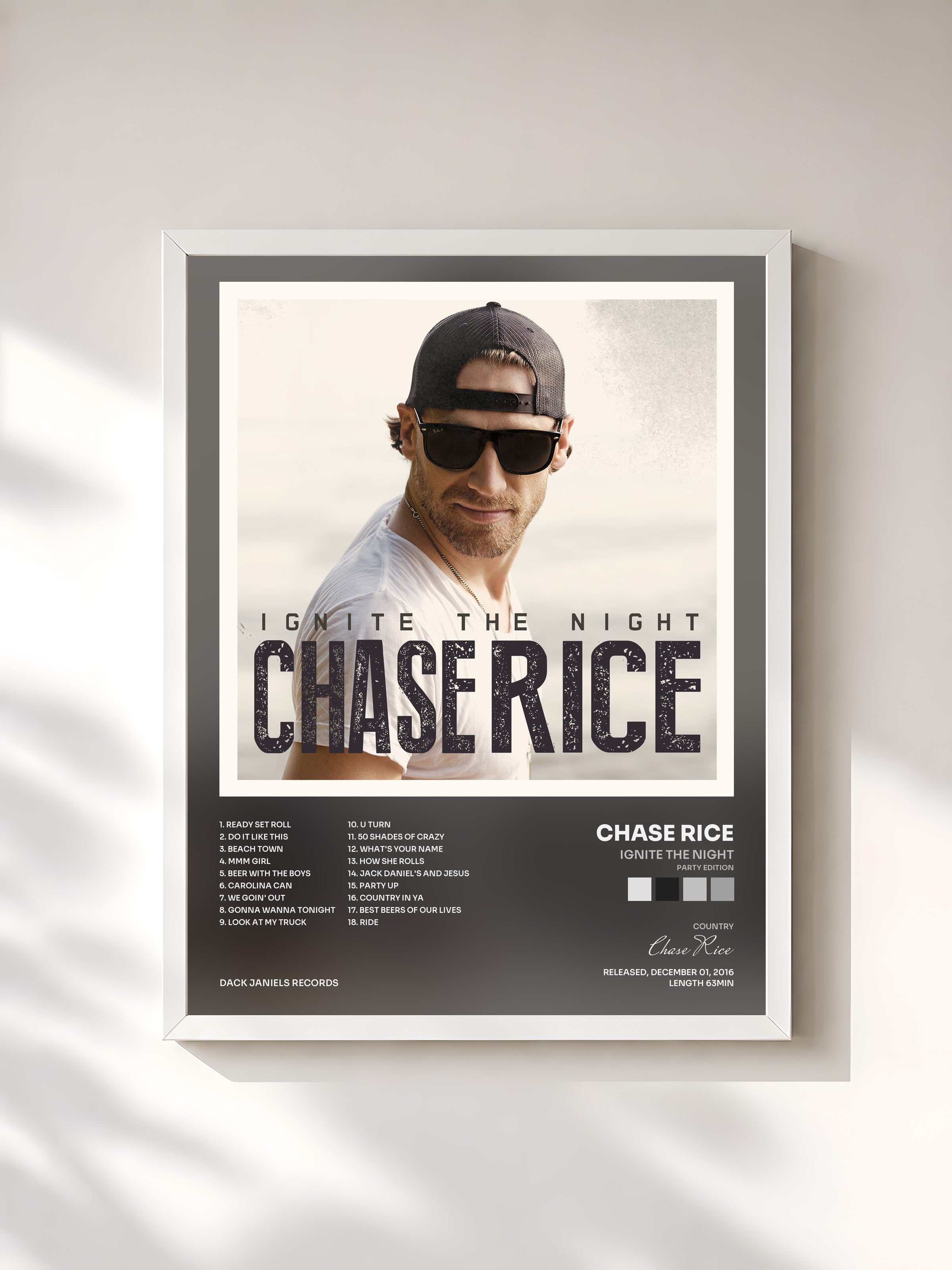 #blanc Tableau de l'album Ignite the Night (Party Edition) de Chase Rice, cadre blanc, imprimé et encadré en France