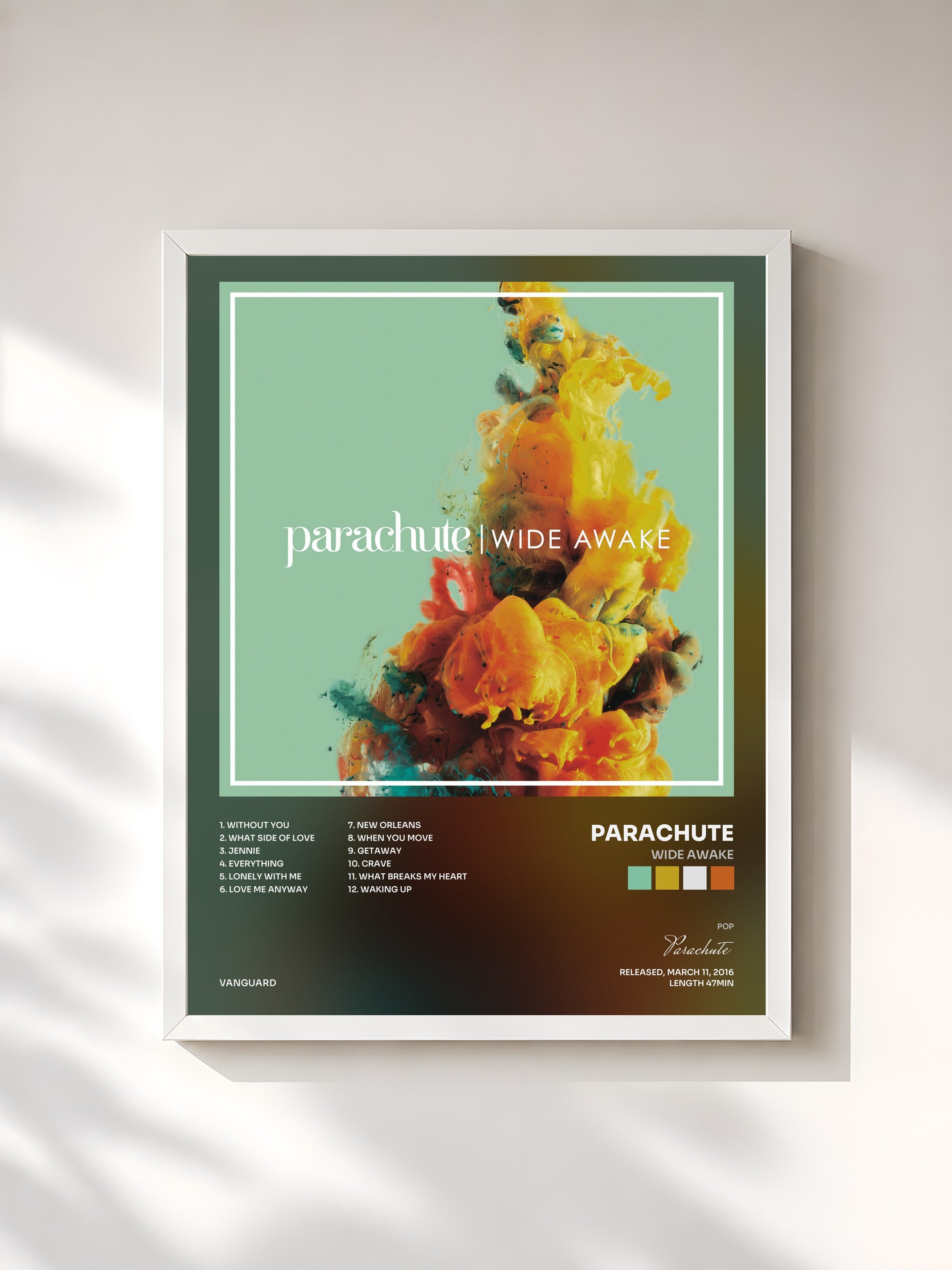 #blanc Tableau de l'album Wide Awake de Parachute, cadre blanc, imprimé et encadré en France