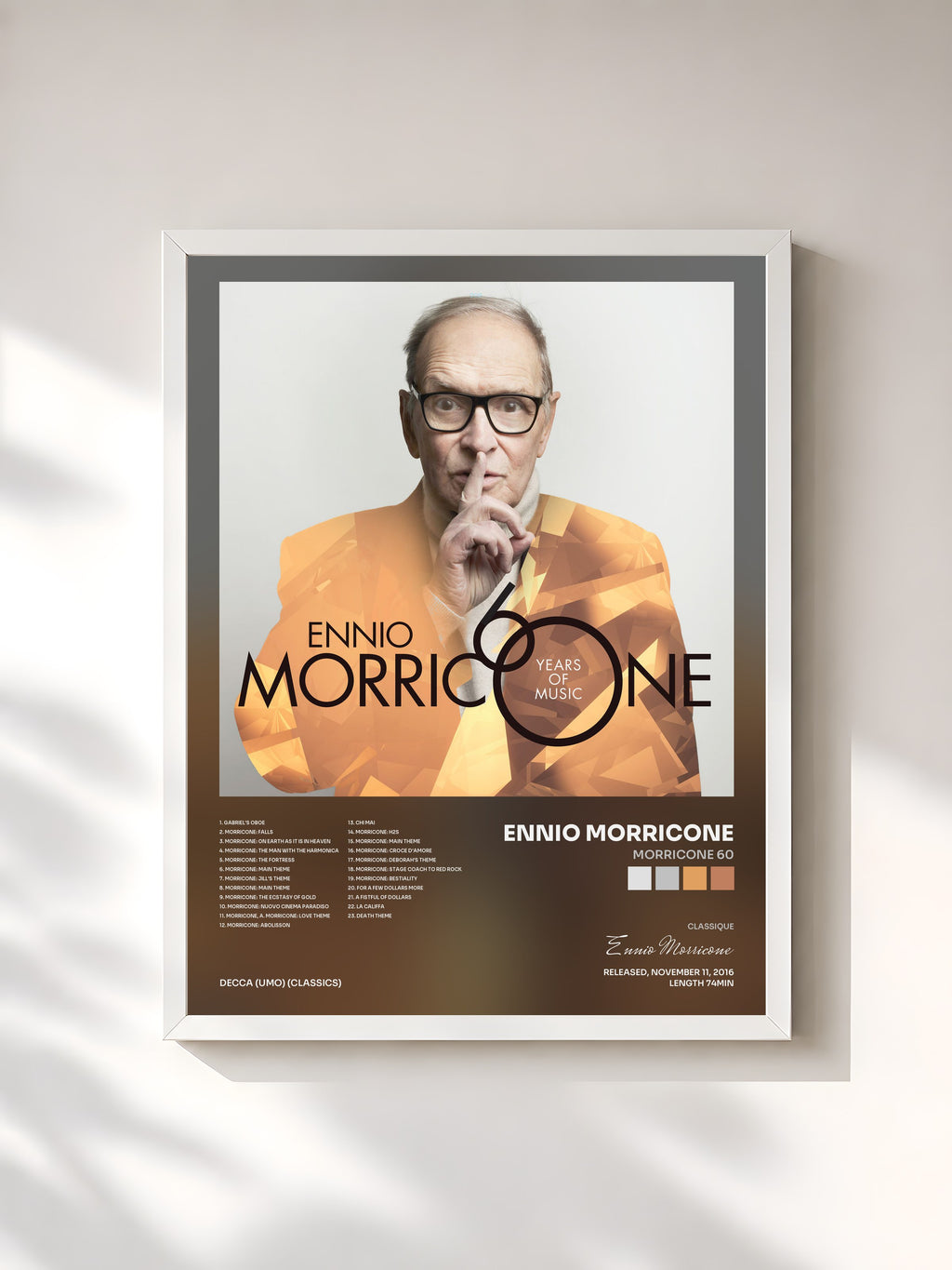 #blanc Tableau de l'album Morricone 60 de Ennio Morricone, cadre blanc, imprimé et encadré en France