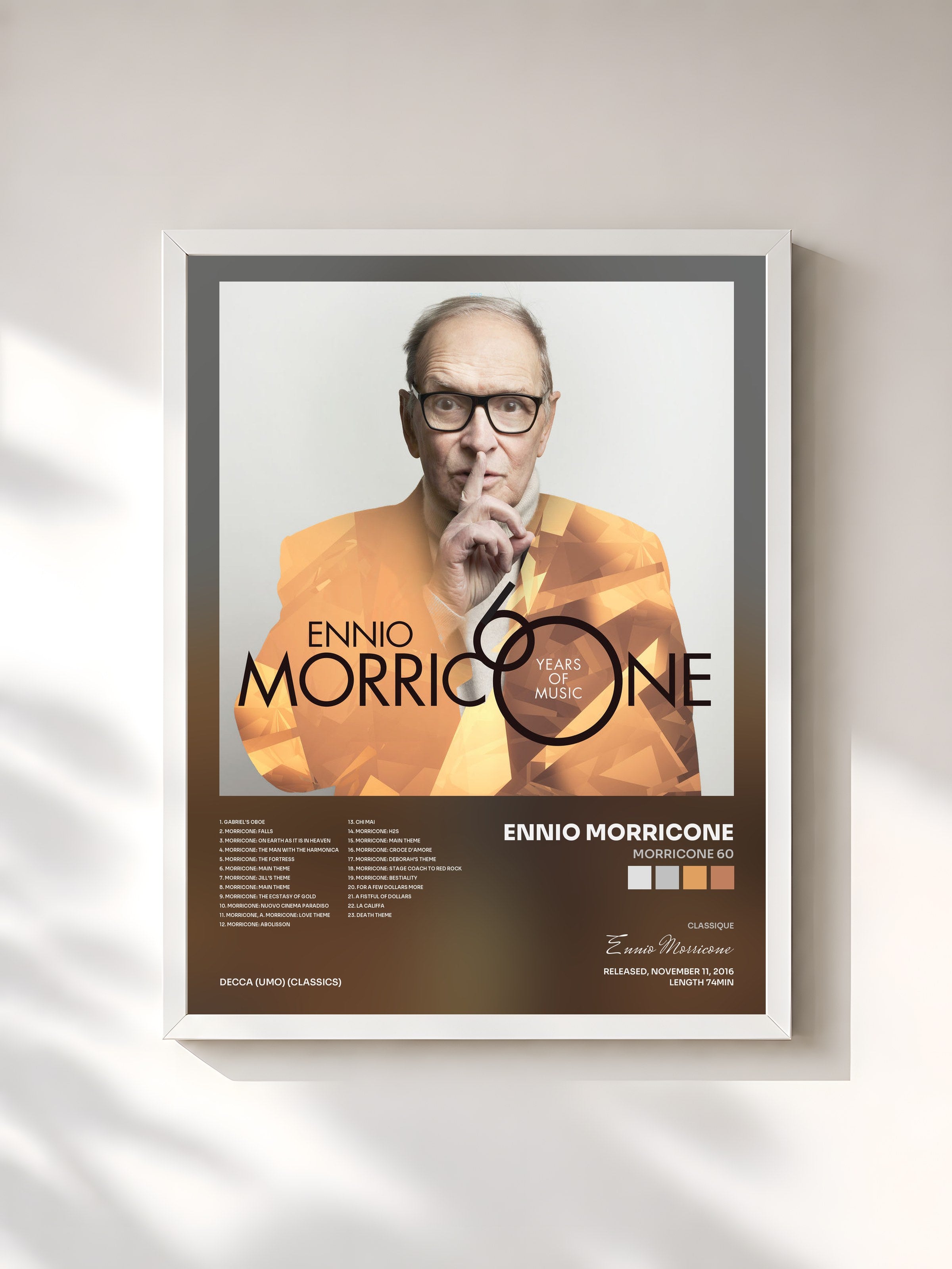 #blanc Tableau de l'album Morricone 60 de Ennio Morricone, cadre blanc, imprimé et encadré en France