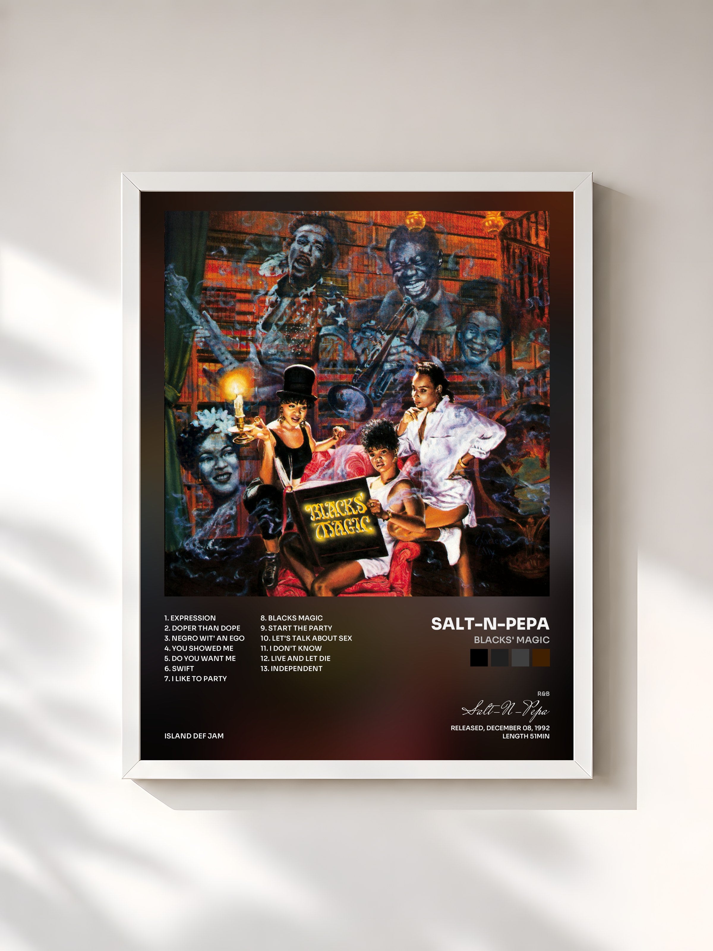 #blanc Tableau de l'album Blacks' Magic de Salt-N-Pepa, cadre blanc, imprimé et encadré en France
