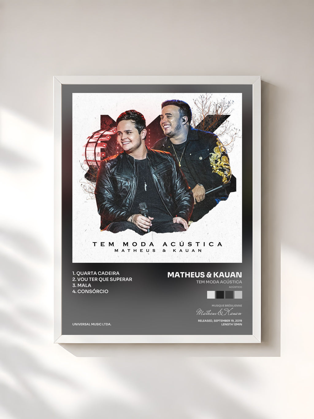 #blanc Tableau de l'album Tem Moda Acústica (Acústico) de Matheus & Kauan, cadre blanc, imprimé et encadré en France