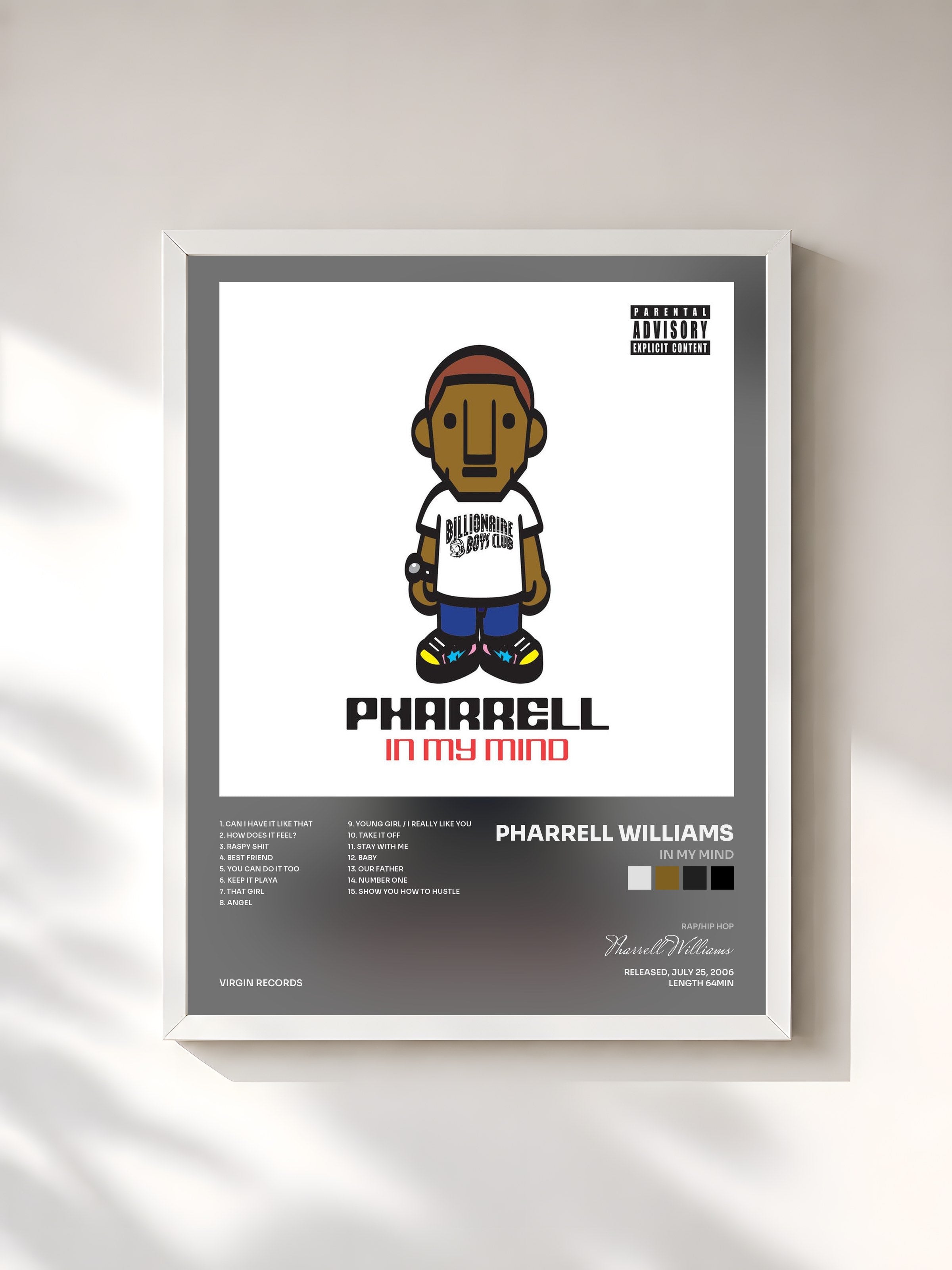 #blanc Tableau de l'album In My Mind de Pharrell Williams, cadre blanc, imprimé et encadré en France