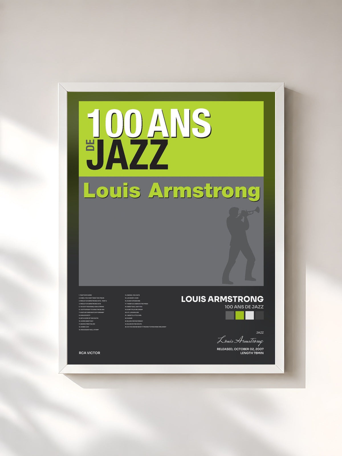 #blanc Tableau de l'album 100 ans de jazz de Louis Armstrong, cadre blanc, imprimé et encadré en France
