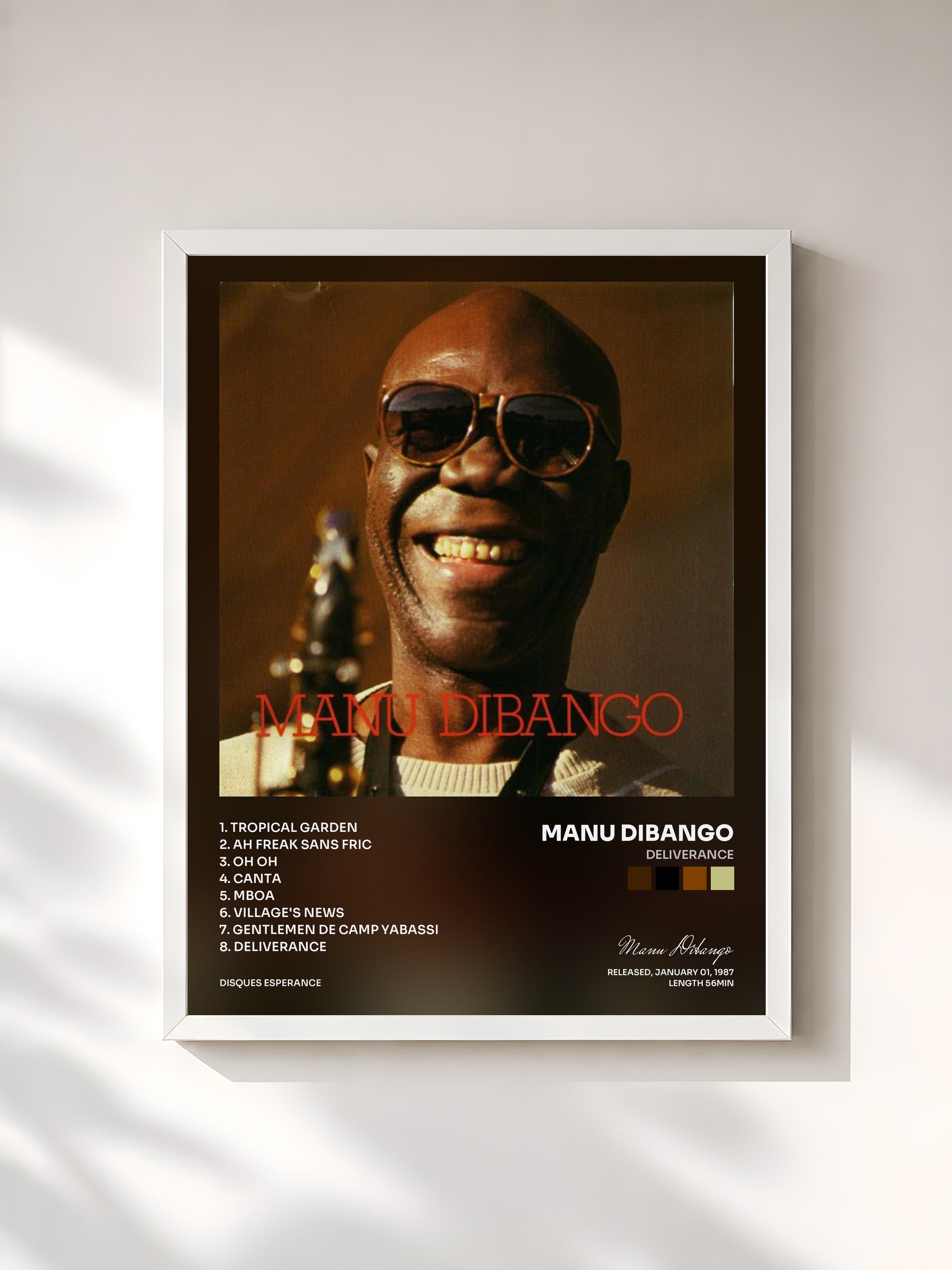 #blanc Tableau de l'album Deliverance de Manu Dibango, cadre blanc, imprimé et encadré en France