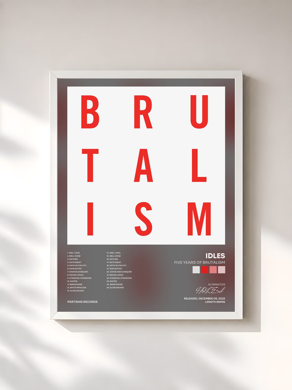 #blanc Tableau de l'album Five Years of Brutalism de IDLES, cadre blanc, imprimé et encadré en France
