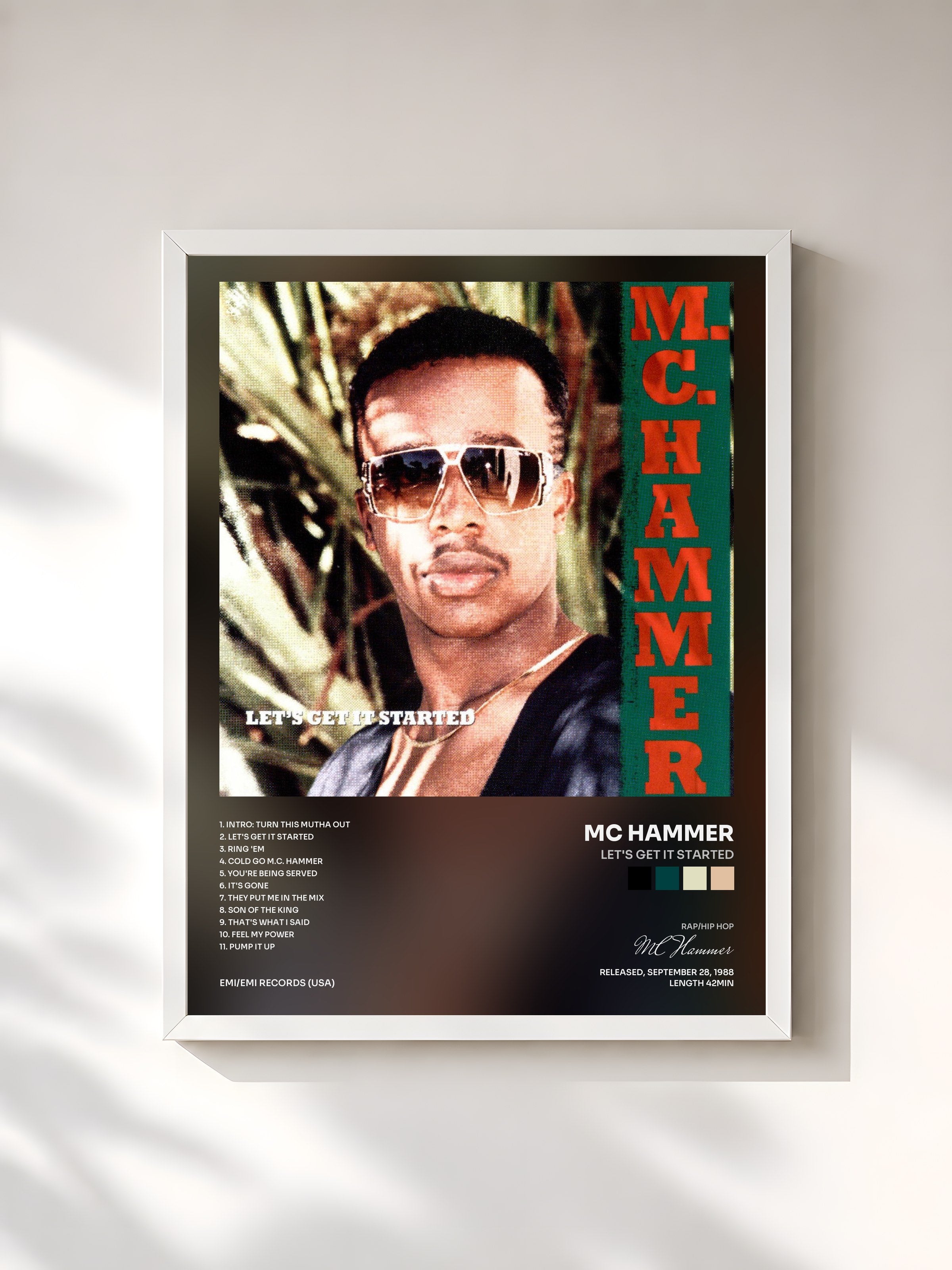 #blanc Tableau de l'album Let's Get It Started de MC Hammer, cadre blanc, imprimé et encadré en France