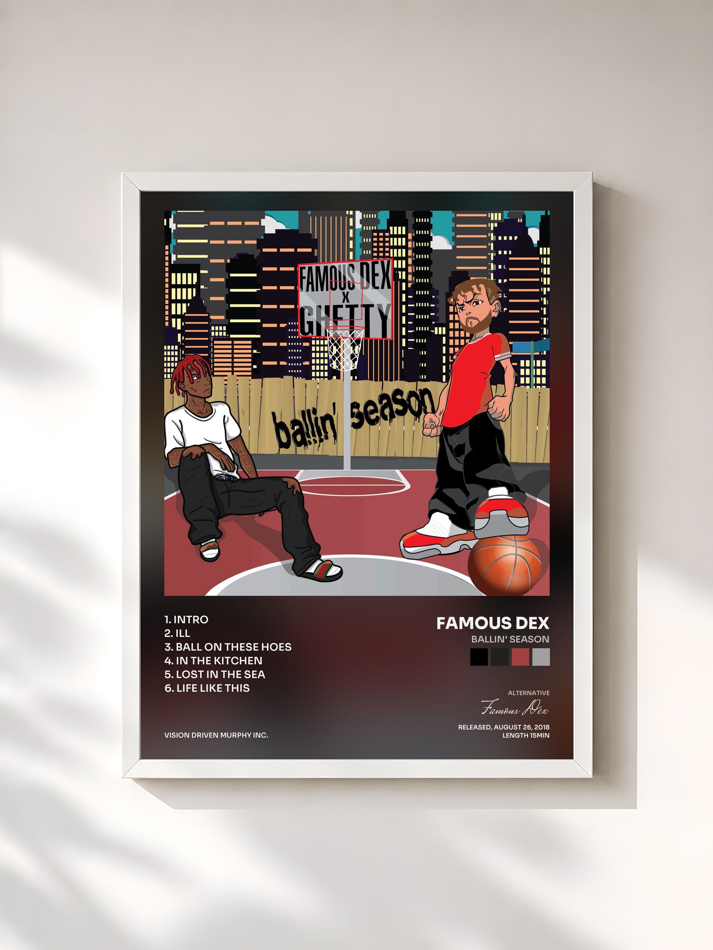#blanc Tableau de l'album Ballin' Season de Famous Dex, cadre blanc, imprimé et encadré en France