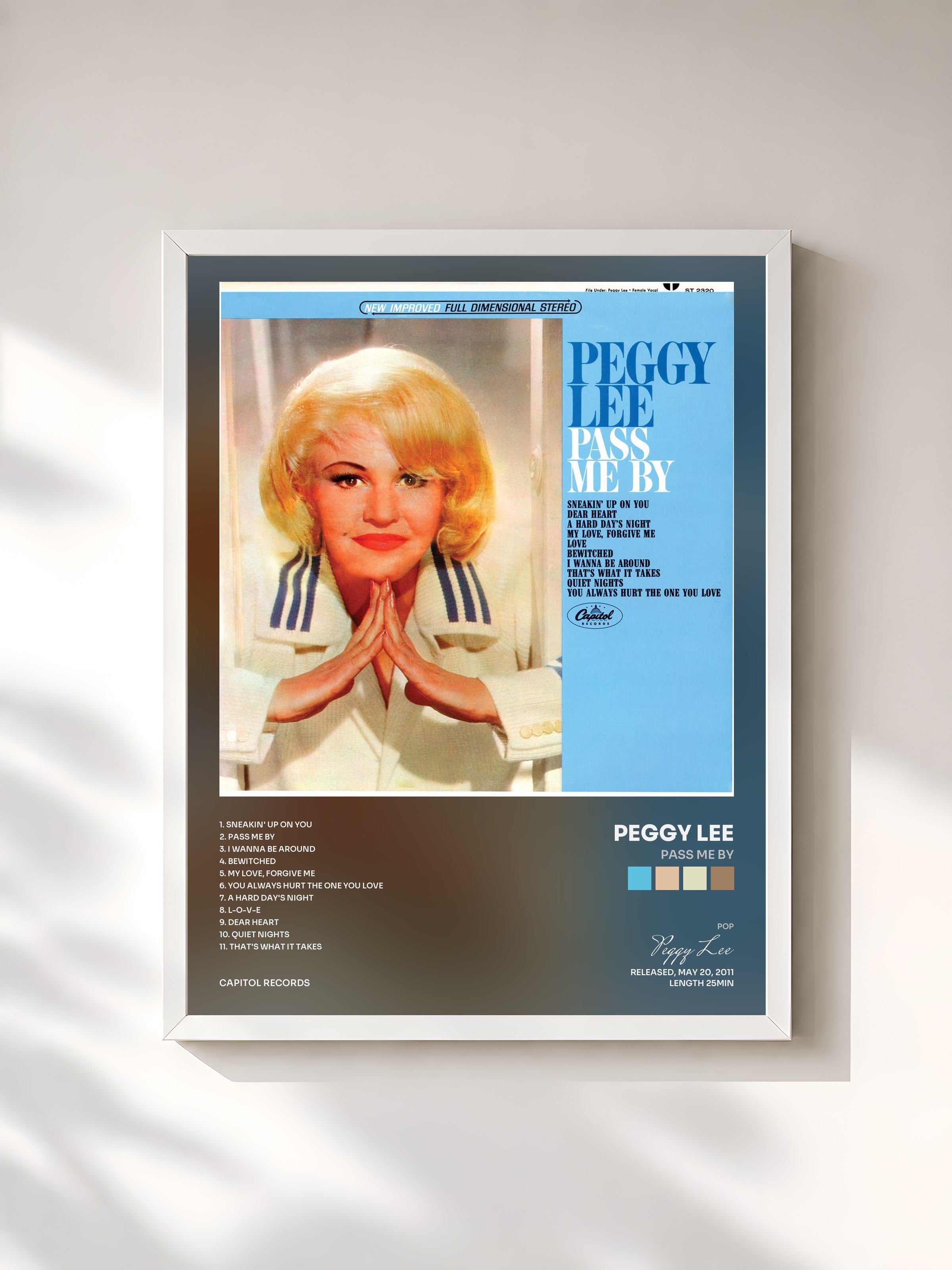 #blanc Tableau de l'album Pass Me By de Peggy Lee, cadre blanc, imprimé et encadré en France