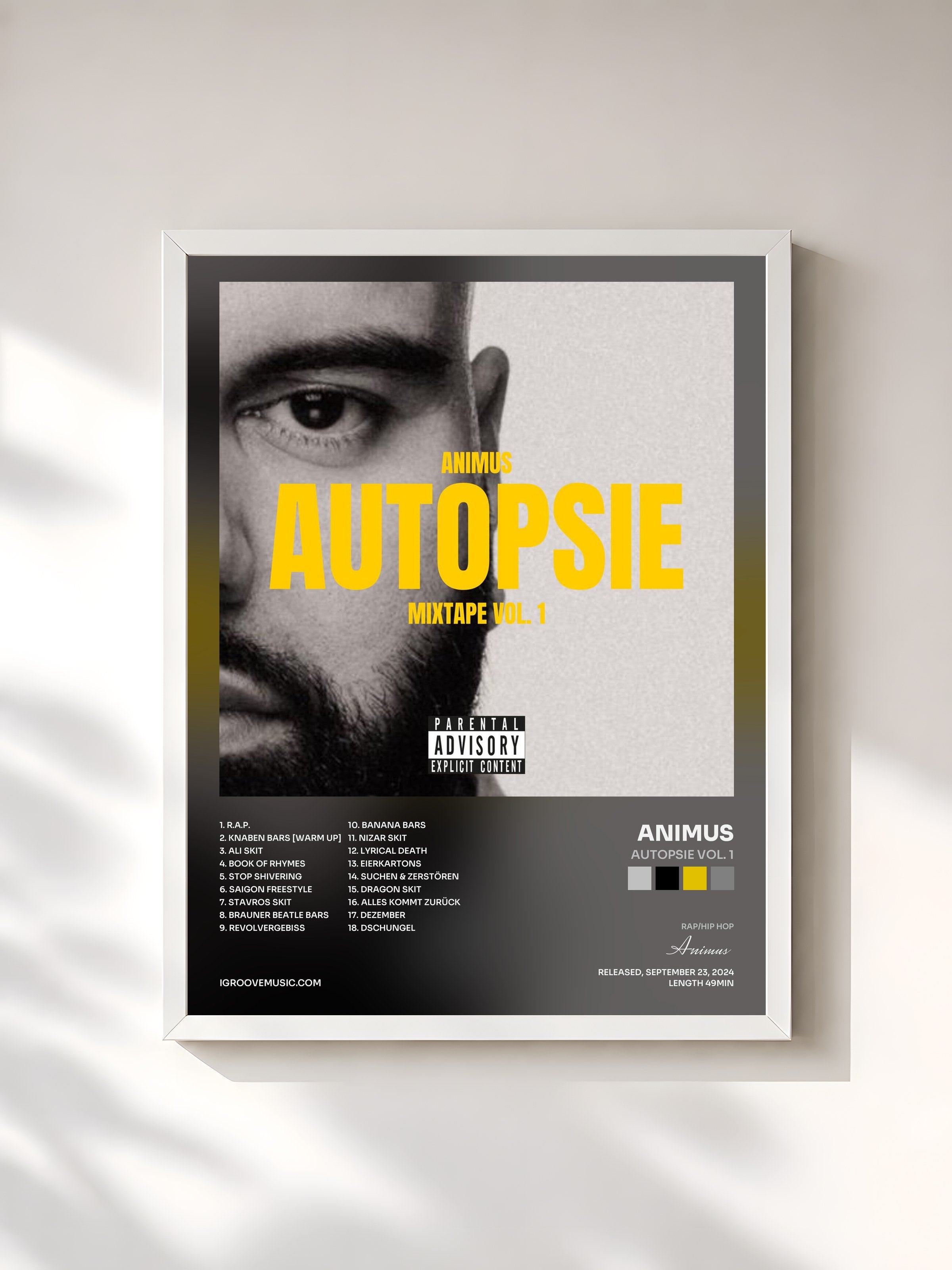 #blanc Tableau de l'album Autopsie Vol. 1 de Animus, cadre blanc, imprimé et encadré en France