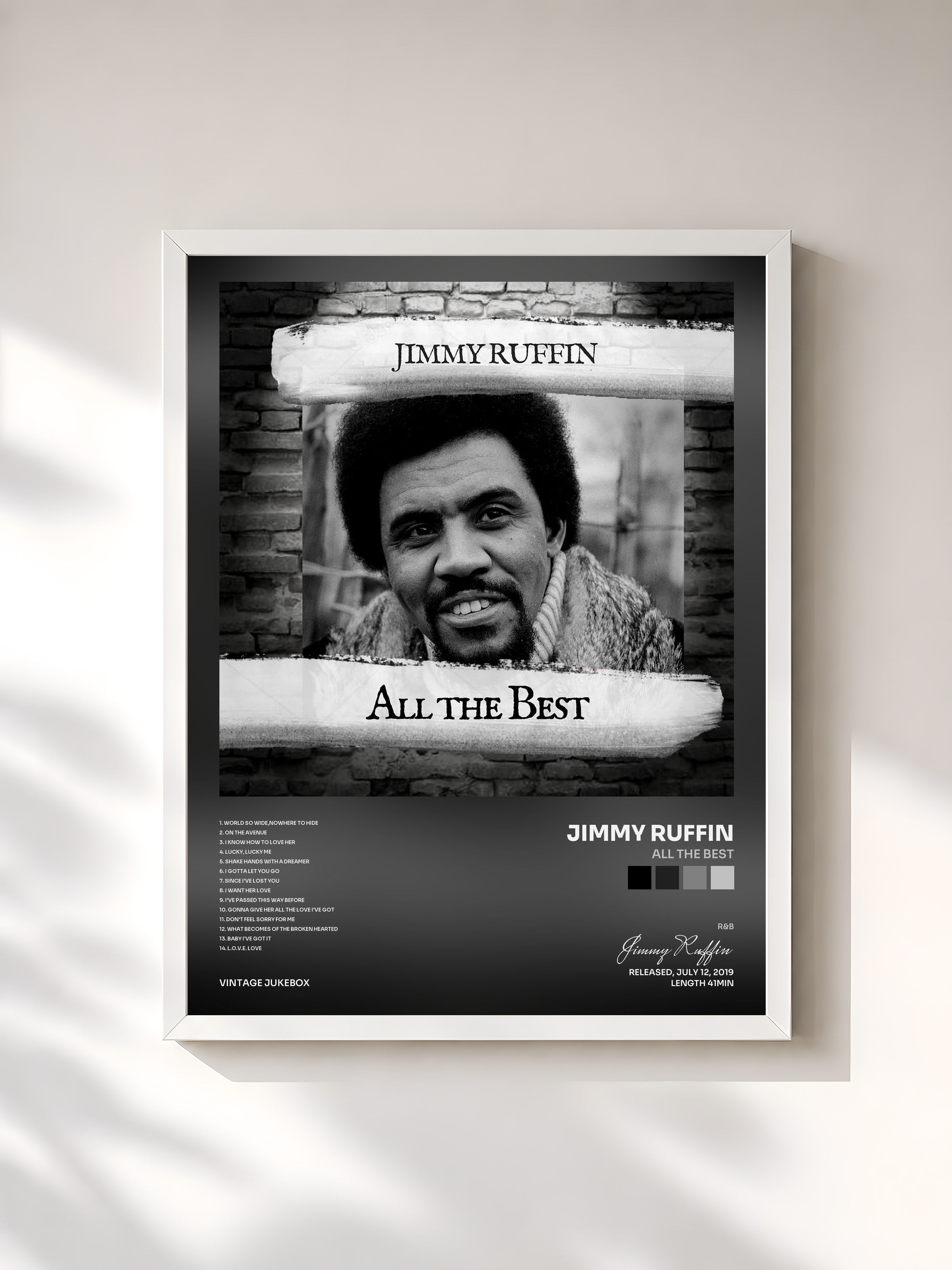 #blanc Tableau de l'album All the Best de Jimmy Ruffin, cadre blanc, imprimé et encadré en France