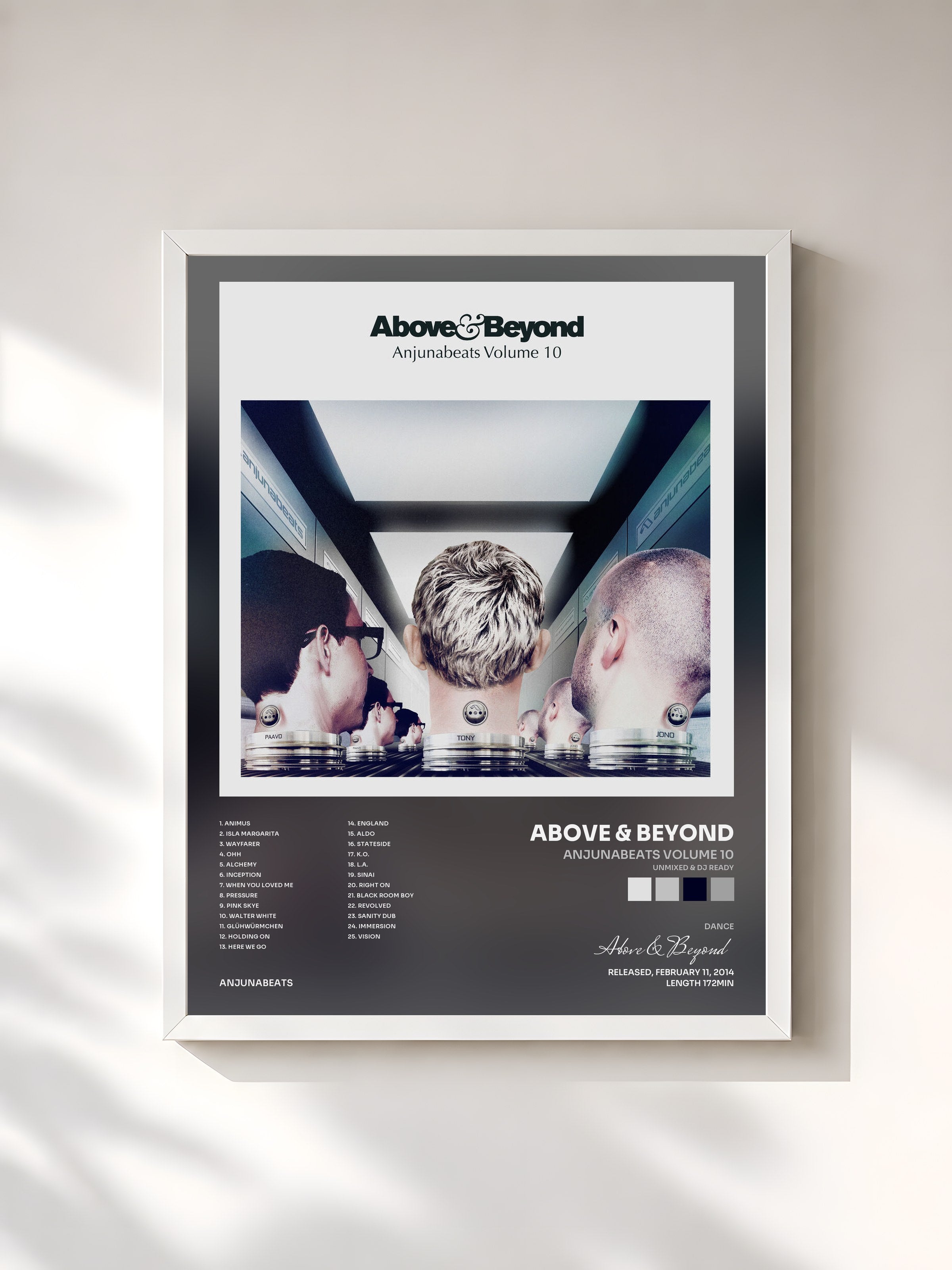 #blanc Tableau de l'album Anjunabeats Volume 10 (Unmixed & DJ Ready) de Above & Beyond, cadre blanc, imprimé et encadré en France