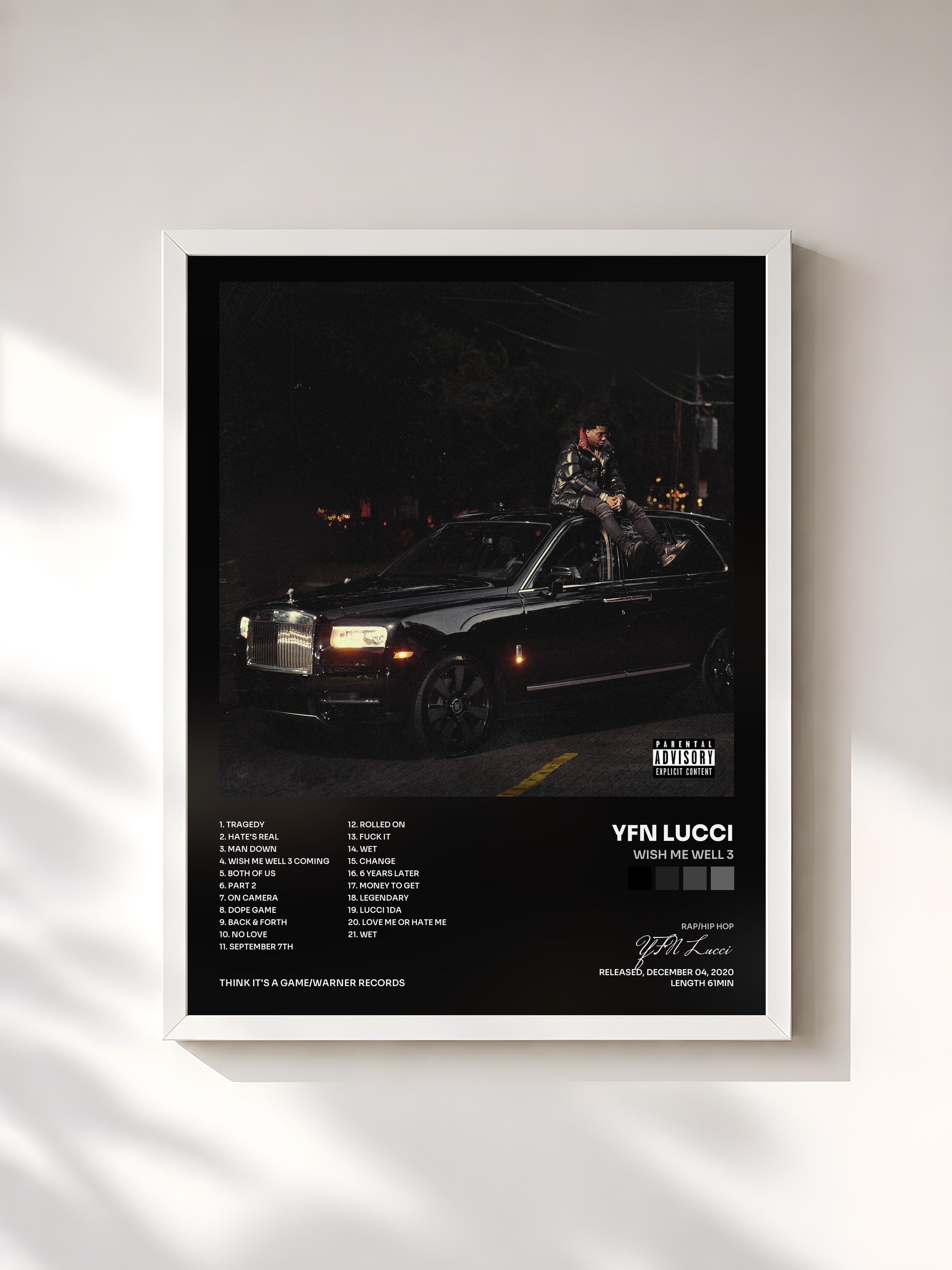 #blanc Tableau de l'album Wish Me Well 3 de YFN Lucci, cadre blanc, imprimé et encadré en France