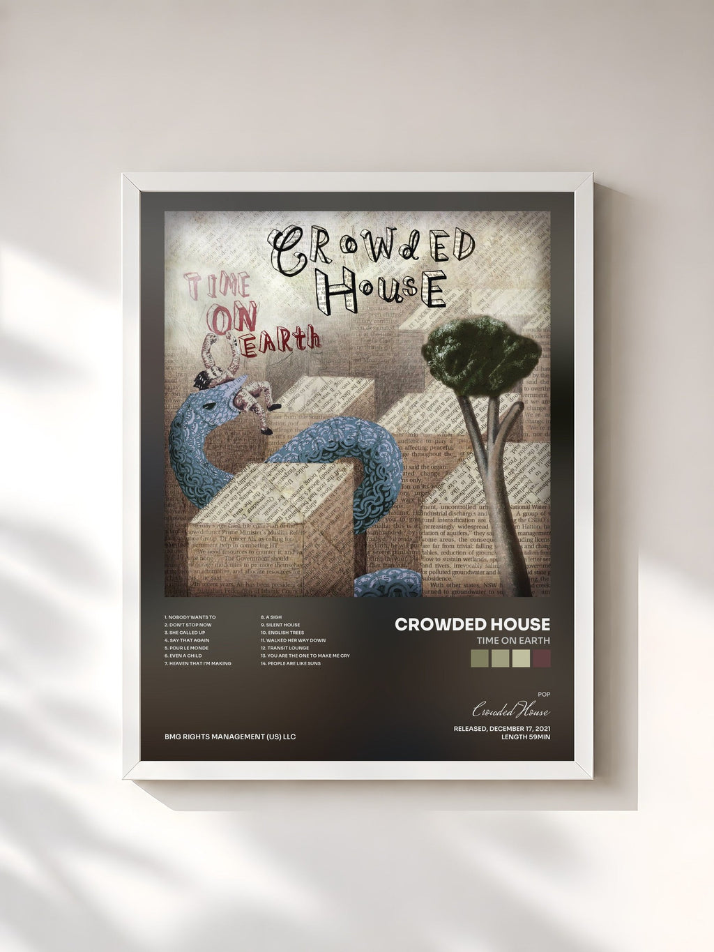 #blanc Time on Earth de Crowded House en lámina enmarcada, marco blanco, impresa y enmarcada en Francia