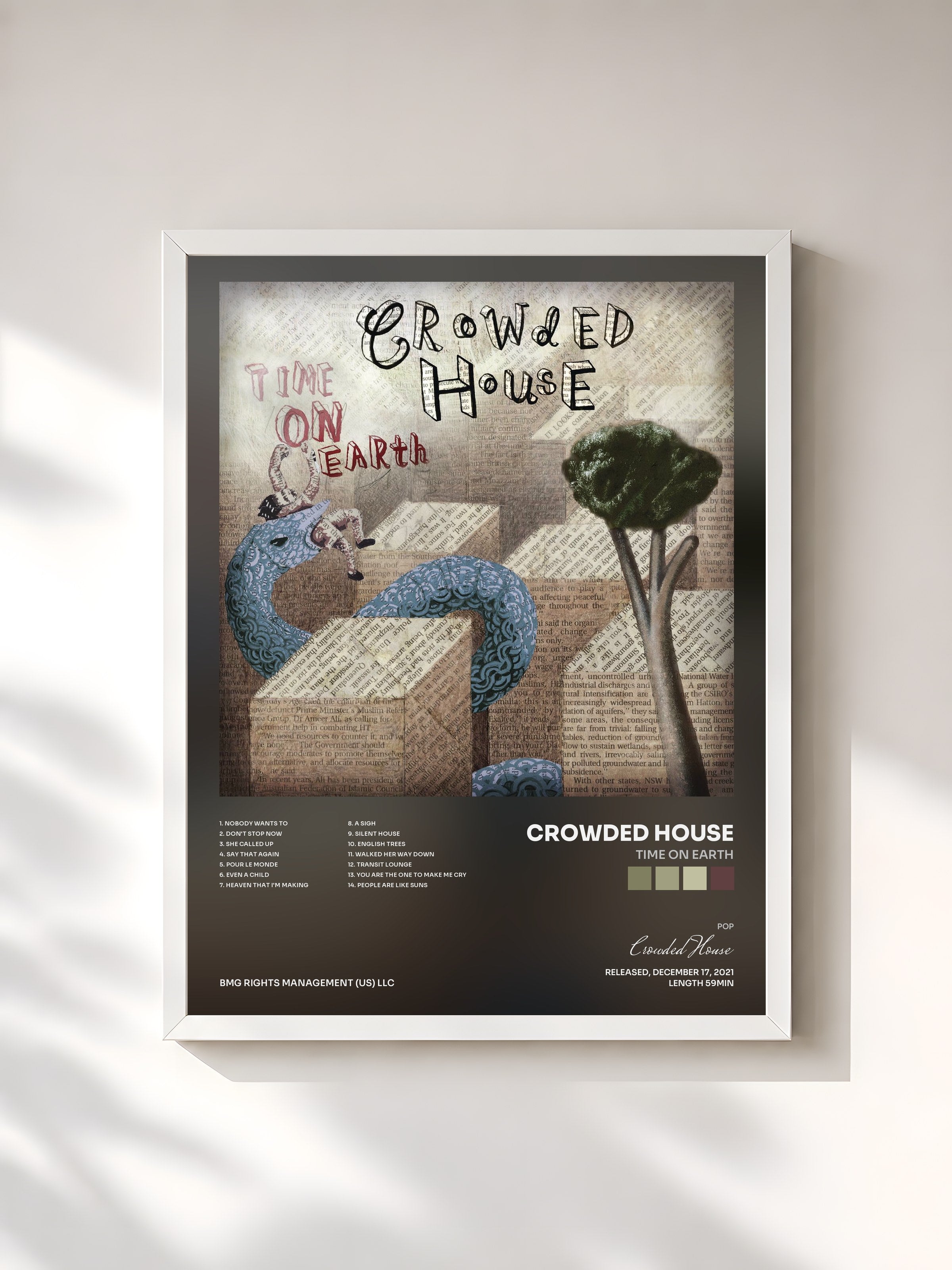 #blanc Tableau de l'album Time on Earth de Crowded House, cadre blanc, imprimé et encadré en France